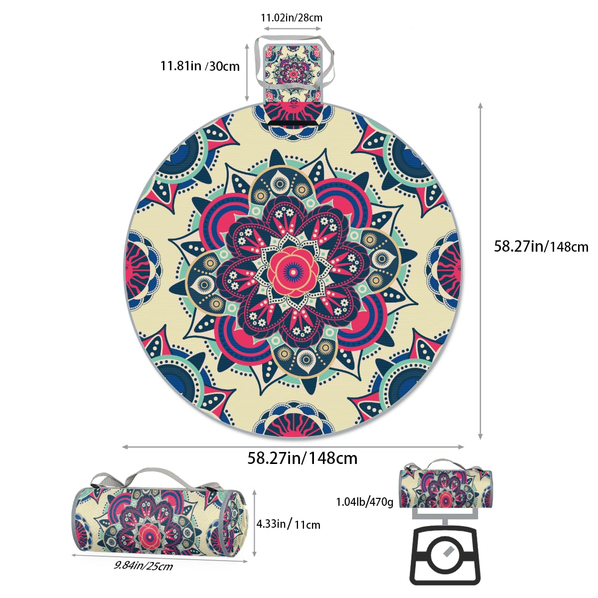Shimoshe Ethnic Floral Mandala Pattern Picnic Outdoor Blanket Foldable Waterproof Sandproof Beach Blanket Portable Water-Resistant Round Picnic Mat for Travel Camping Park Lawn