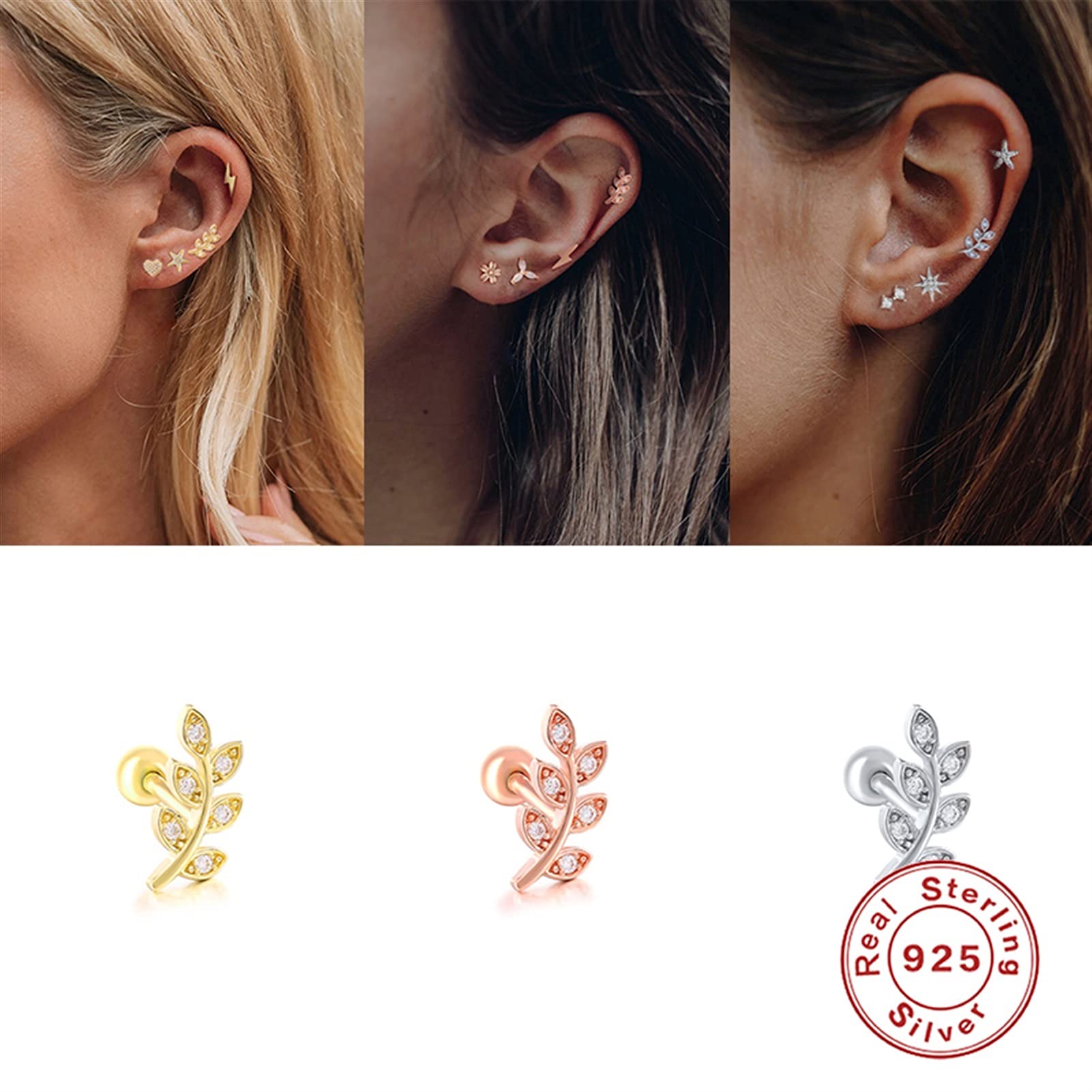 YCTTKDD 2 szt. Kolczyki do piercingu prawdziwe 925 srebro Bling cyrkon kolczyk na chrząstkę dla kobiet kość ucha przebita klamra yc628 (kolor klejnotu: 7 złoty kolor)