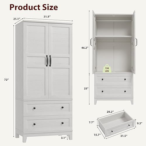 Miniatura 2 de GarveeHome Armario Armario con 2 cajones, armario de madera de 72 pulgadas con barra para colgar, armario alto para ropa con puertas y 18 estantes