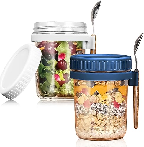 KesaPlan Juego de 2 recipientes de avena con tapa y cuchara, gran capacidad hermética de 10 onzas con marcas de medición, reutilizables para llevar