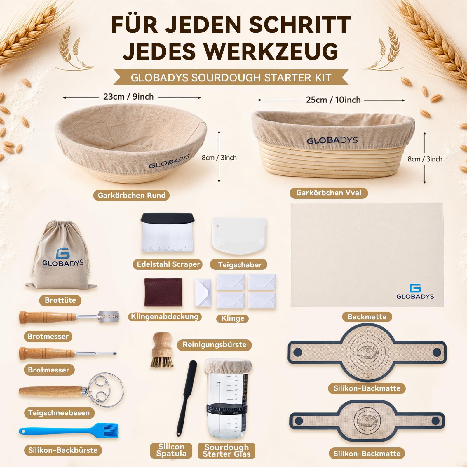 Sauerteig Starter Set 21-teilig – Gärkörbchen aus 100% Handgefertigtem Rattan, Silikonmatten 7mm, Baguettetuch 66x90cm, Gärglas 720ml – Brot Backen Zubehör für Anfänger und Profis