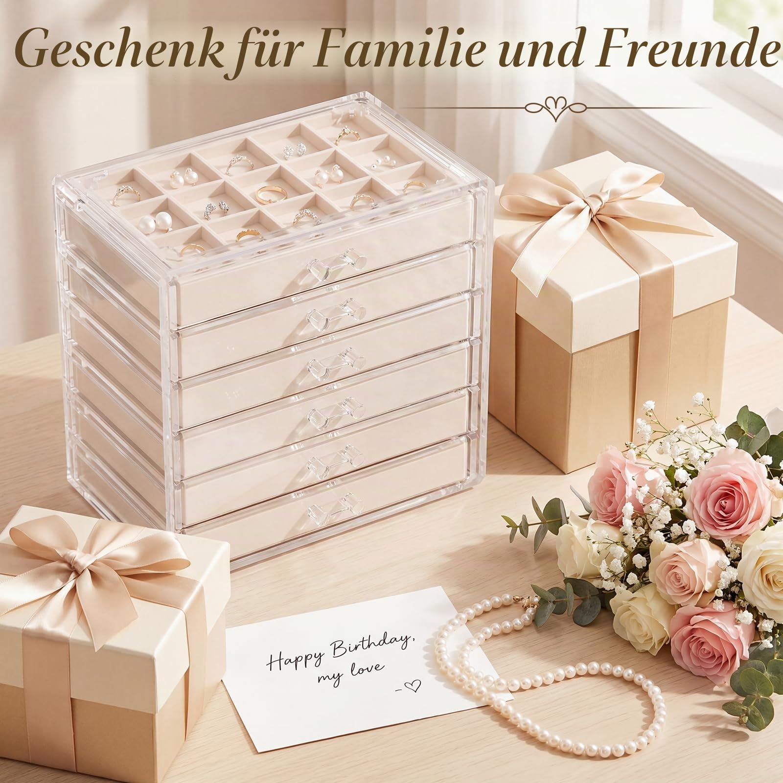 Acryl Schmuckaufbewahrung Schmuck Organizer Schmuckkasten mit 4 Schubladen für Ohrringe, Ringe, Armbänder (Warmweiß)