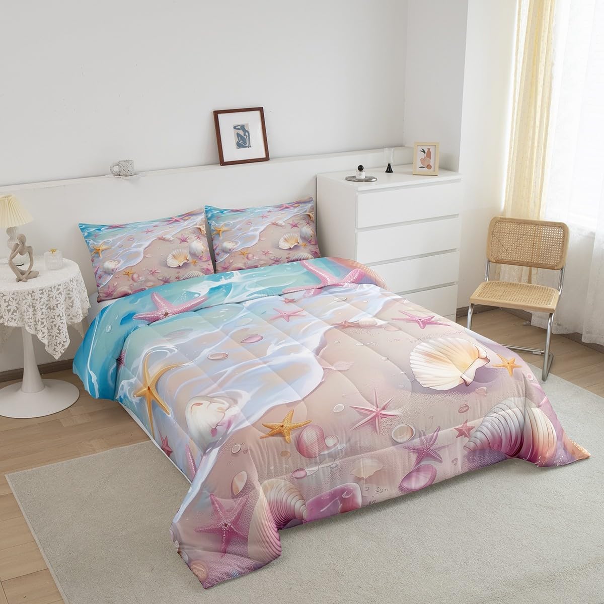 Castle Fairy Pink Blue Beach Bedding Set Queen Size,Starfish Shell Conch Comforter Set,Romantic Hawaii Ocean Theme Quilt Set for Kids Girls Boys Women Room Decor,Summer Sea Romantic Duvet Insert 3Pcs