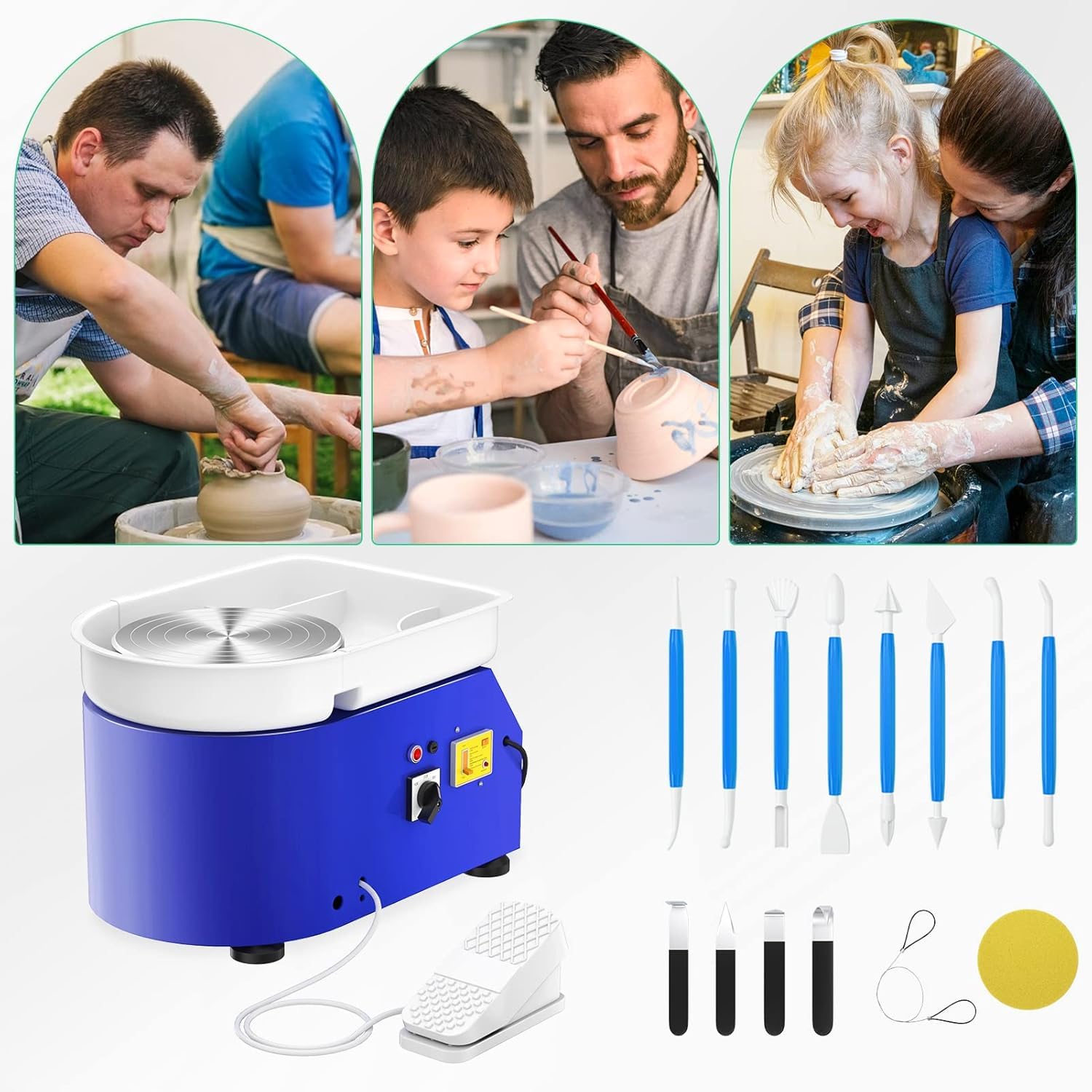 Kotsy Töpferscheibe Elektrisch Groß 350W,Töpferscheibe Elektrisch Profi mit 25CM Plattenteller,Trehscheibe Töpfern mit Töpferwerkzeugen, für Erwachsene,DIY,Töpferanfänger,Töpferstudio (Blau)