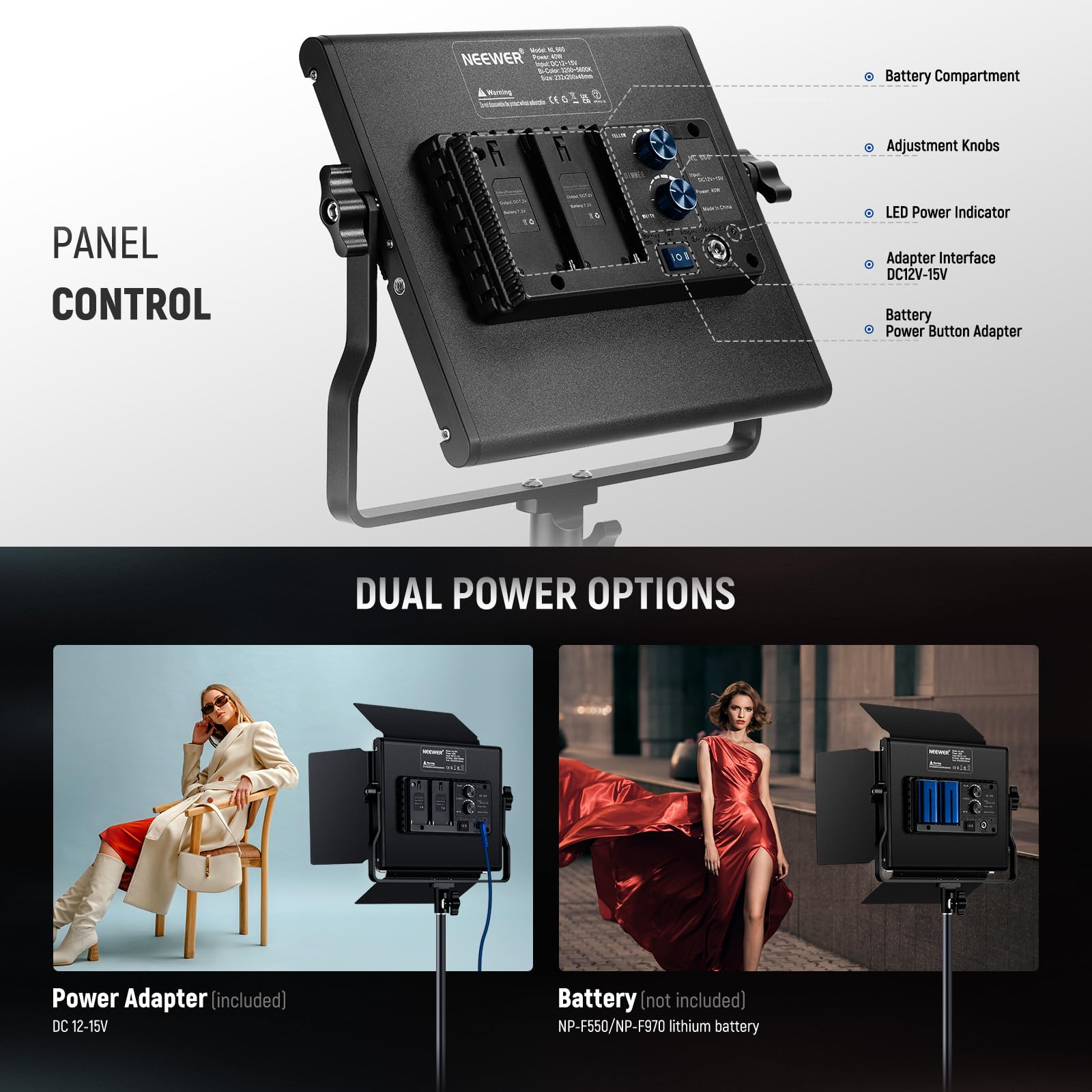 NEEWER 13" LED Video Light Panel Kit, 2 Pack Bi Color Dimmable with Tripod Stand, 4000mAh Battery, 3200K-5600K CRI97+, USB, for Studio/Streaming/YouTube, Black, NL-192AI: NL660 with Cleaning Cloth