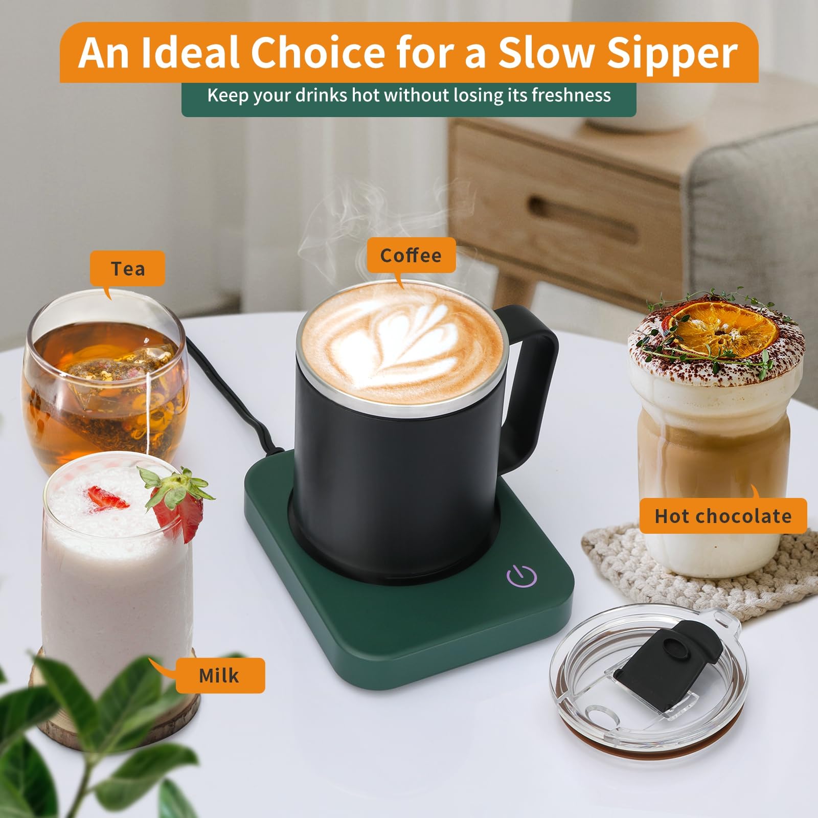 Juego de calentador de taza de café con apagado automático, juego de regalo de taza de café de 15 onzas, 3 ajustes de temperatura, calentador de taza de café y calentador de velas portátil para 6