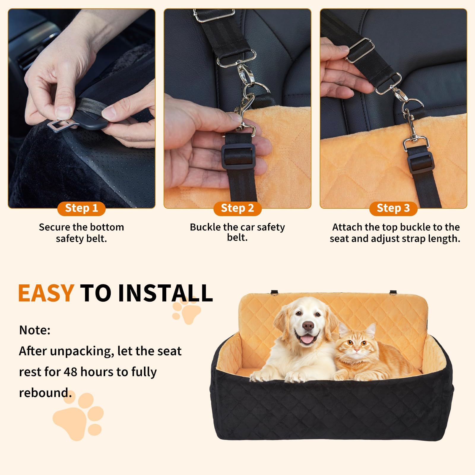 Garvee Asiento grande de coche para perro, cama de espuma viscoelástica de 80 x 50 cm con 2 correas de seguridad, funda lavable desmontable y bolsillos de almacenamiento, asiento elevador para
