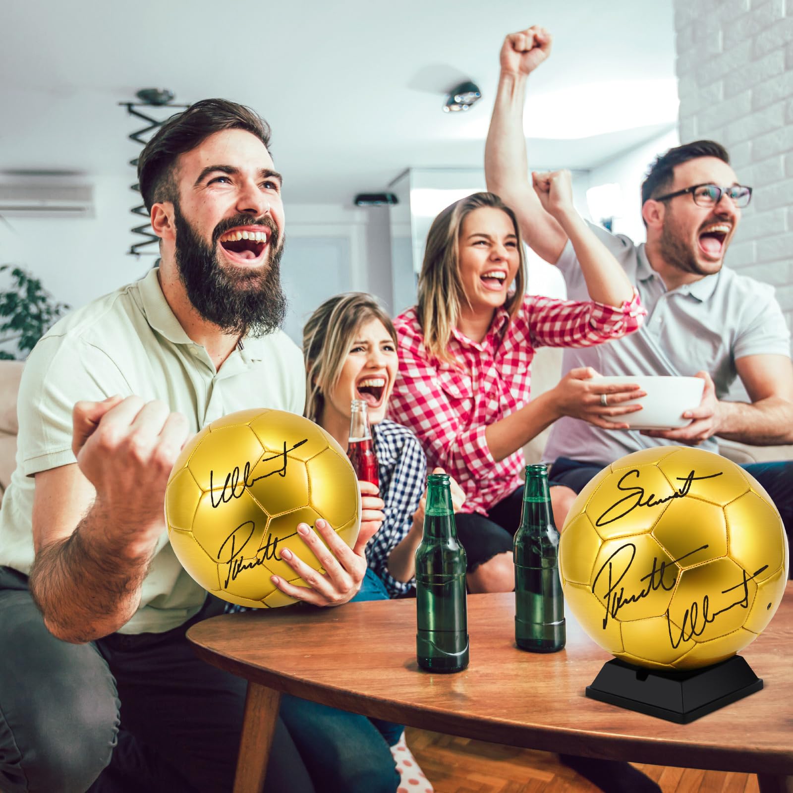 Hiboom Pallone da calcio con autografo dorato con espositore e pompa ad aria, per trofei, anniversari, licei, allenatori, premi, feste di campionato, 4 pezzi