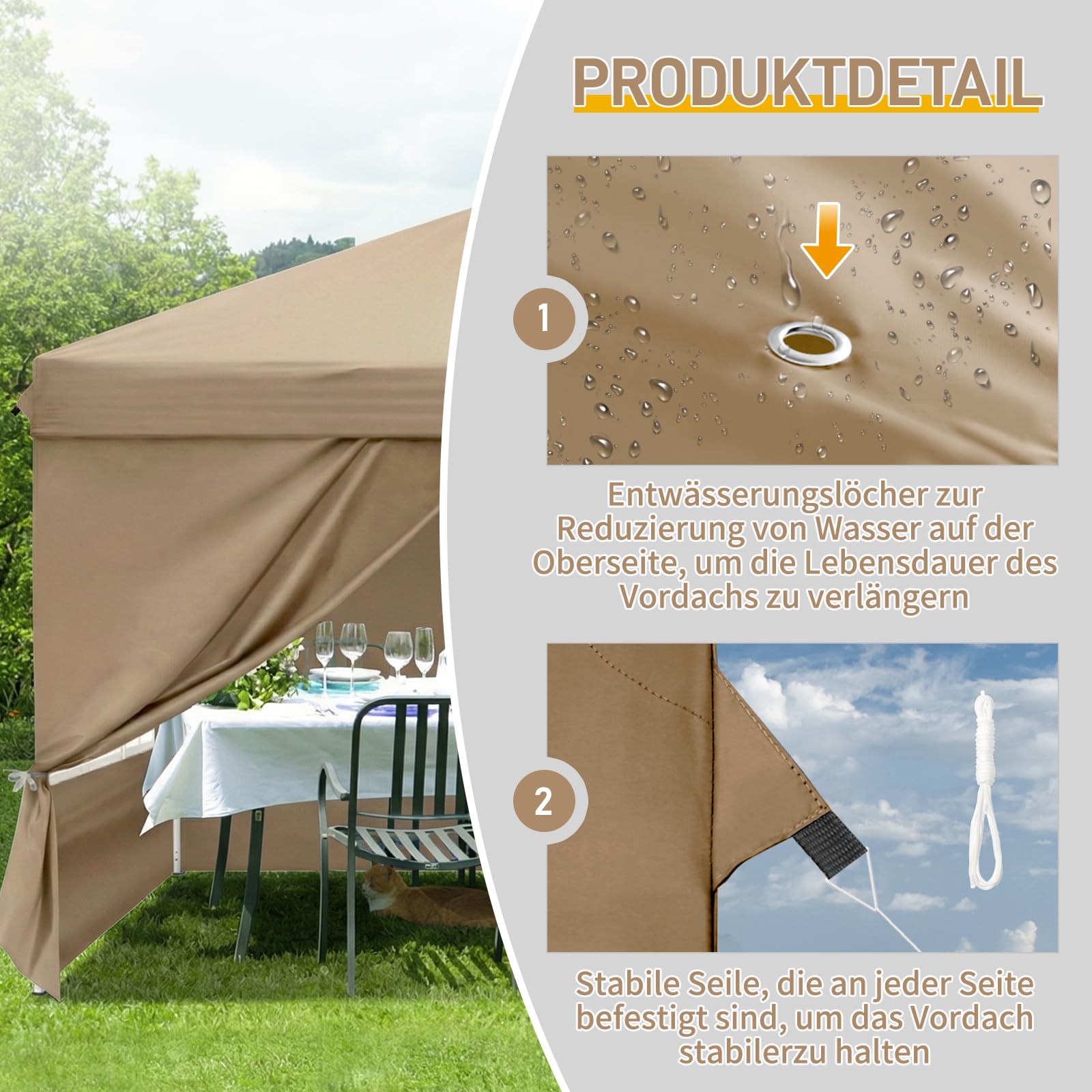 Pavillon 3x3m,One-Touch Faltpavillon,Wasserdicht,Winterfest,UV Schutz 50+,Gartenzelt,Partyzelt,mit 4 Seitenteilen,4 Sandbeutel,für Garten,Party,Camping (Khaki, 3x3m mit 4 Seitenwänden)