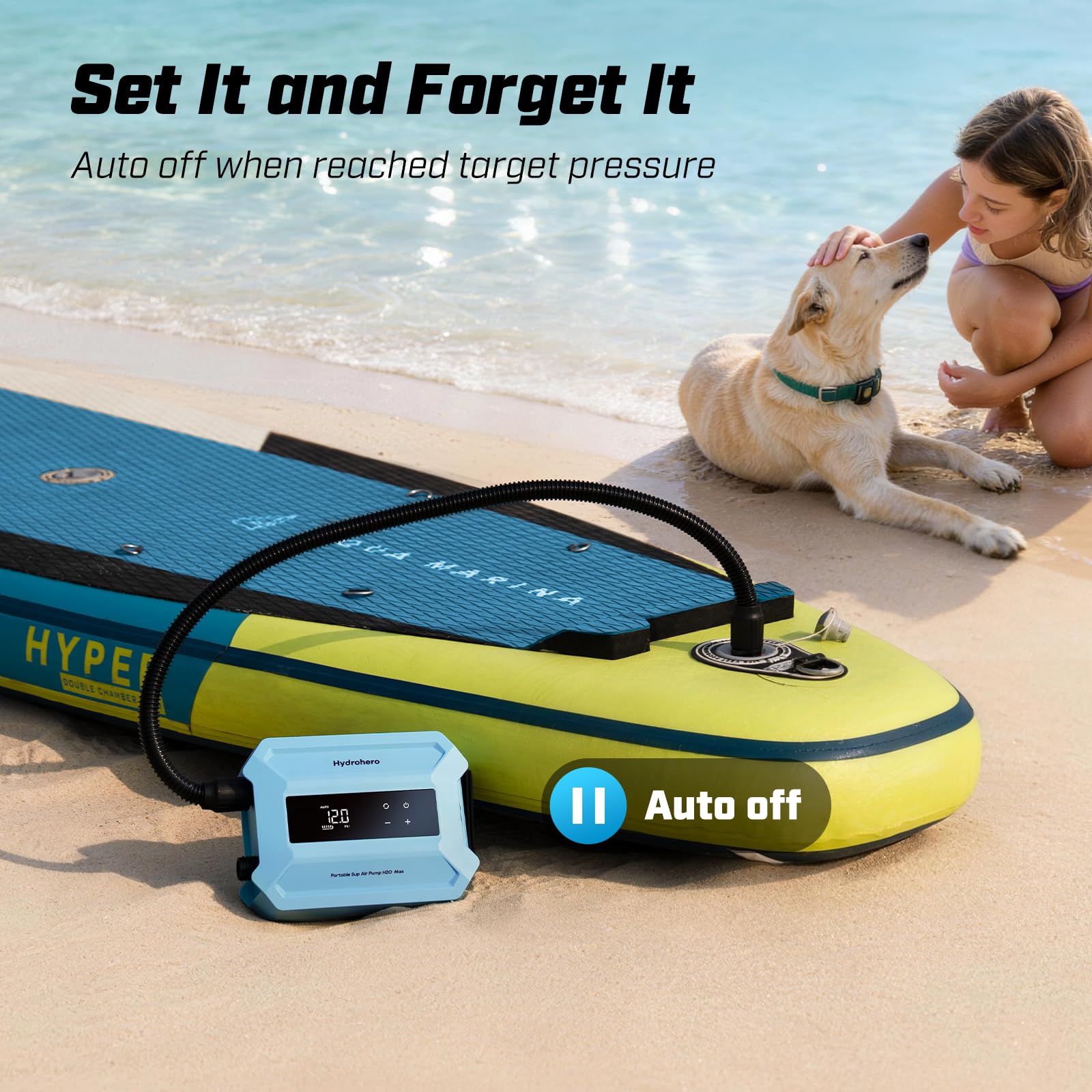 Hydrohero Pompe Paddle Board Rechargeable, Pompe Sup Électrique Portable 20PSI Max, Gonflage/Dégonflage Double Étape, Écran LED, Arrêt Automatique, pour Paddle, Kayak, Bateau Gonflable, Tente