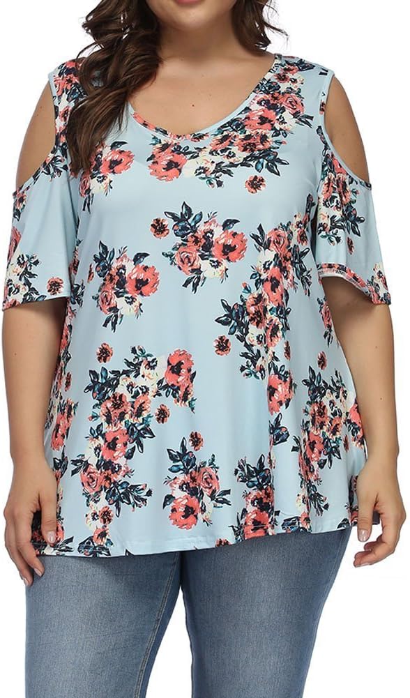 AllegraceWomen's Plus Size Floral Printing Cold Shoulder Tunic Top Short Sleeve V Neck T Shirts