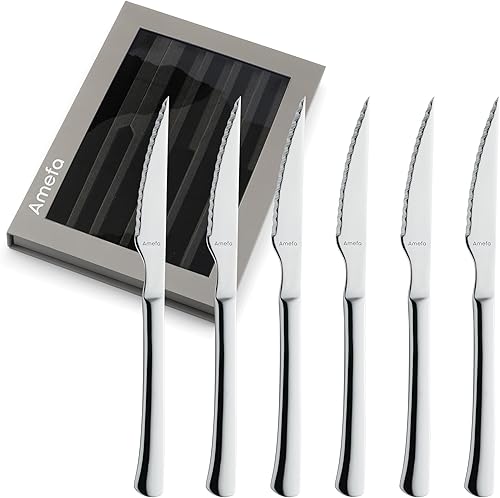 Amefa Bongo - Juego de 6 cuchillos para carne, acero inoxidable endurecido de alta calidad, diseño de mango ergonómico martillado, borde micro