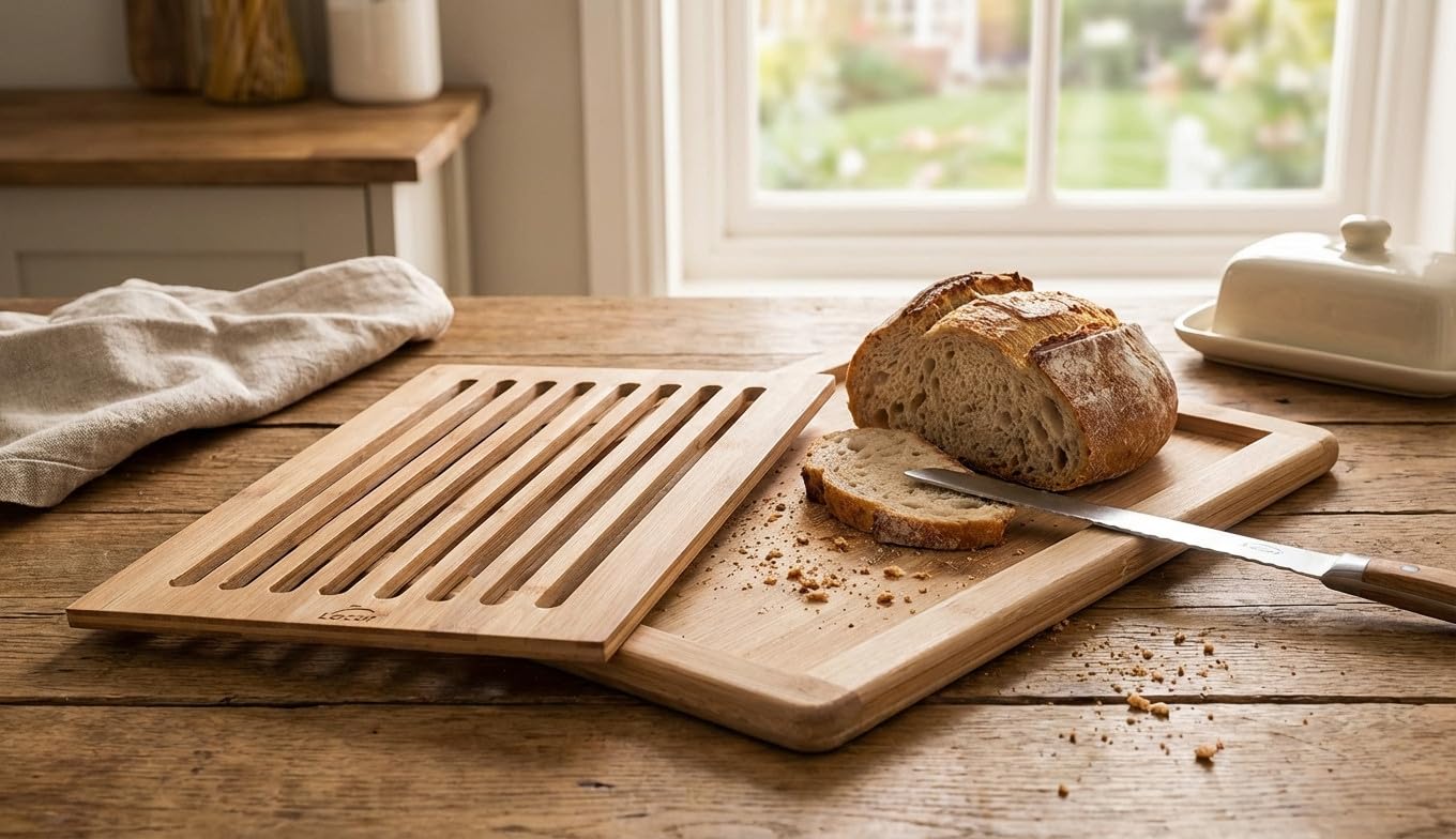 Suinga Tabla de Madera para corte de pan 40x30 cm | Tabla para Cortar Pan con Bandeja Recogemigas
