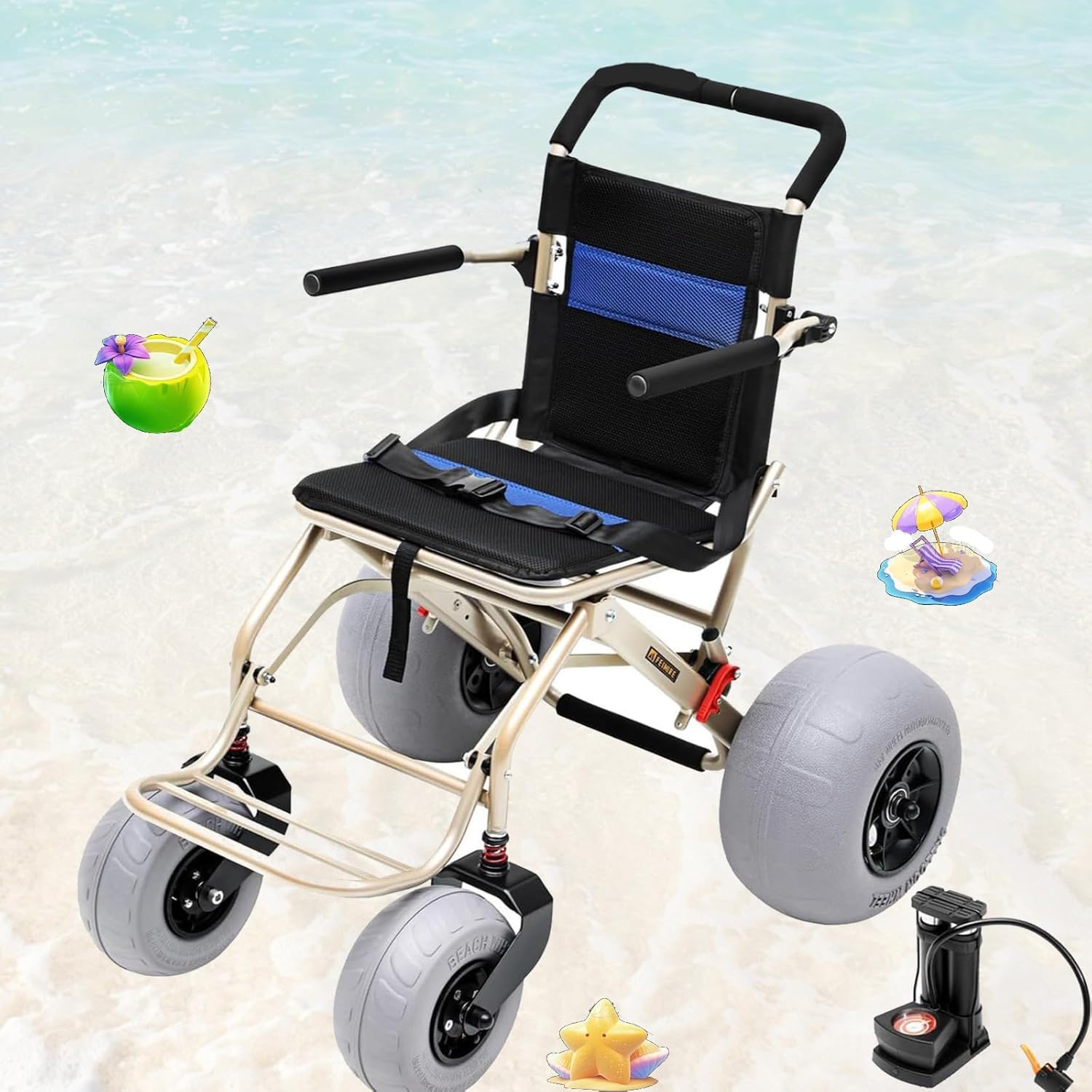 Silla de ruedas de playa todo terreno con neumáticos de globo de 12 y 9 pulgadas, diseño plegable, ruedas de liberación rápida para un fácil acceso en la playa, césped, grava y agua