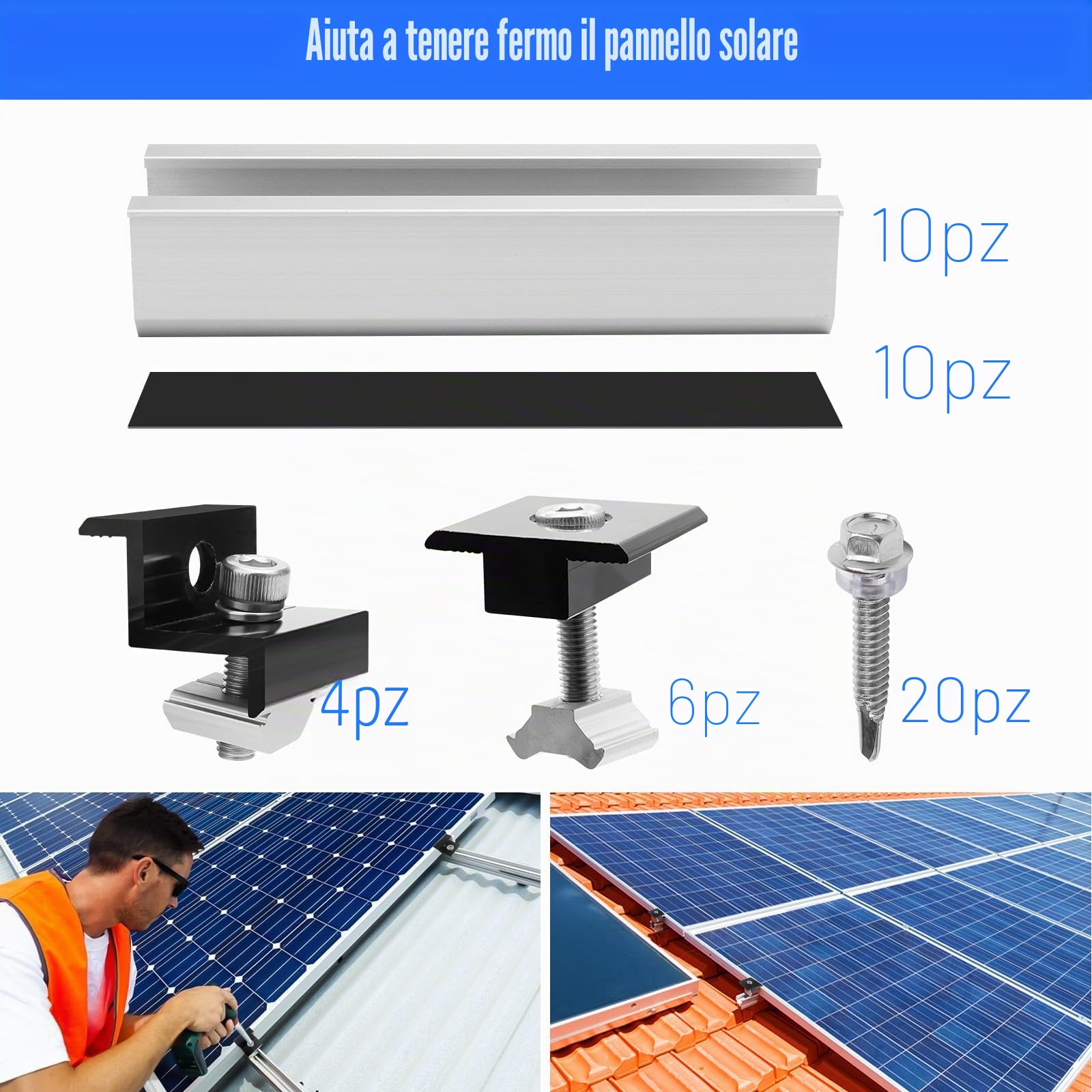 Kit di Montaggio per Pannelli Solari, Morsetto Centrale in Alluminio per Modulo Solare, Morsetto Centrale per Pannello Solare, Staffa di Montaggio per Pannelli Solari Altezza Modulo 30-35 mm