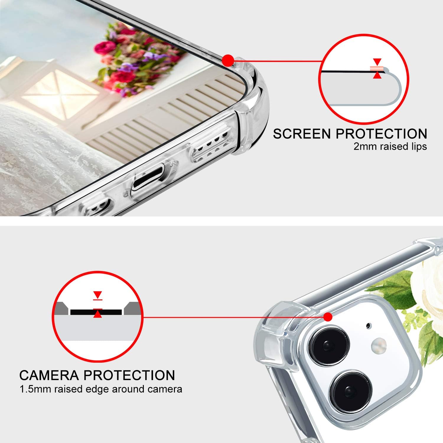 hepix Floral Case Compatible with iPhone 12 Mini 5.4 inch 2020, White Roses Flowers Design Case for Women Girls, Soft Clear TPU Stylish Slim Cute Raised Lips Anti-Scratch Shockproof Protective Case