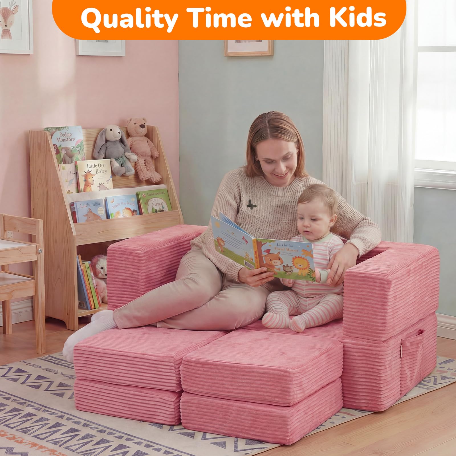 MeMoreCool Divano per bambini in velluto a coste, pieghevole in gommapiuma, mini divano modulare per cameretta e camera da letto, rosa