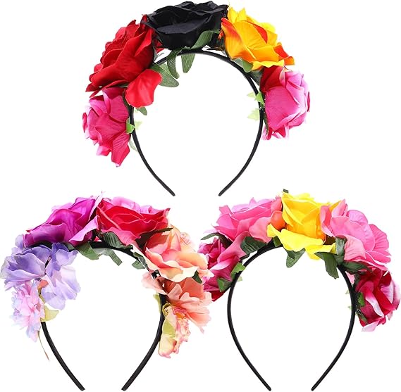 WILLBOND 3 Pcs Mexican Rose Flower Crown Headband Easter Mardi Gras Headpiece Cosplay Headgear for Party