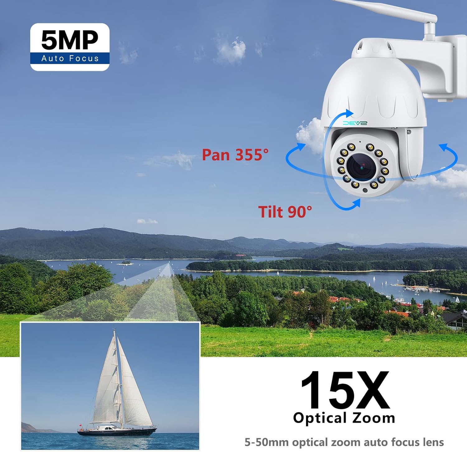 SV3C PTZ WiFi Outdoor Security Camera showing pan, tilt, and 15X optical zoom