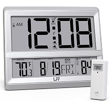 LFF Atomic Clock Large Display, Digital Wall Clock with Indoor Outdoor Temperature and Date, Wireless Outdoor Sensor, Digital Desk Alarm Clock Battery Operated for Bedroom, Easy to Read,Sliver