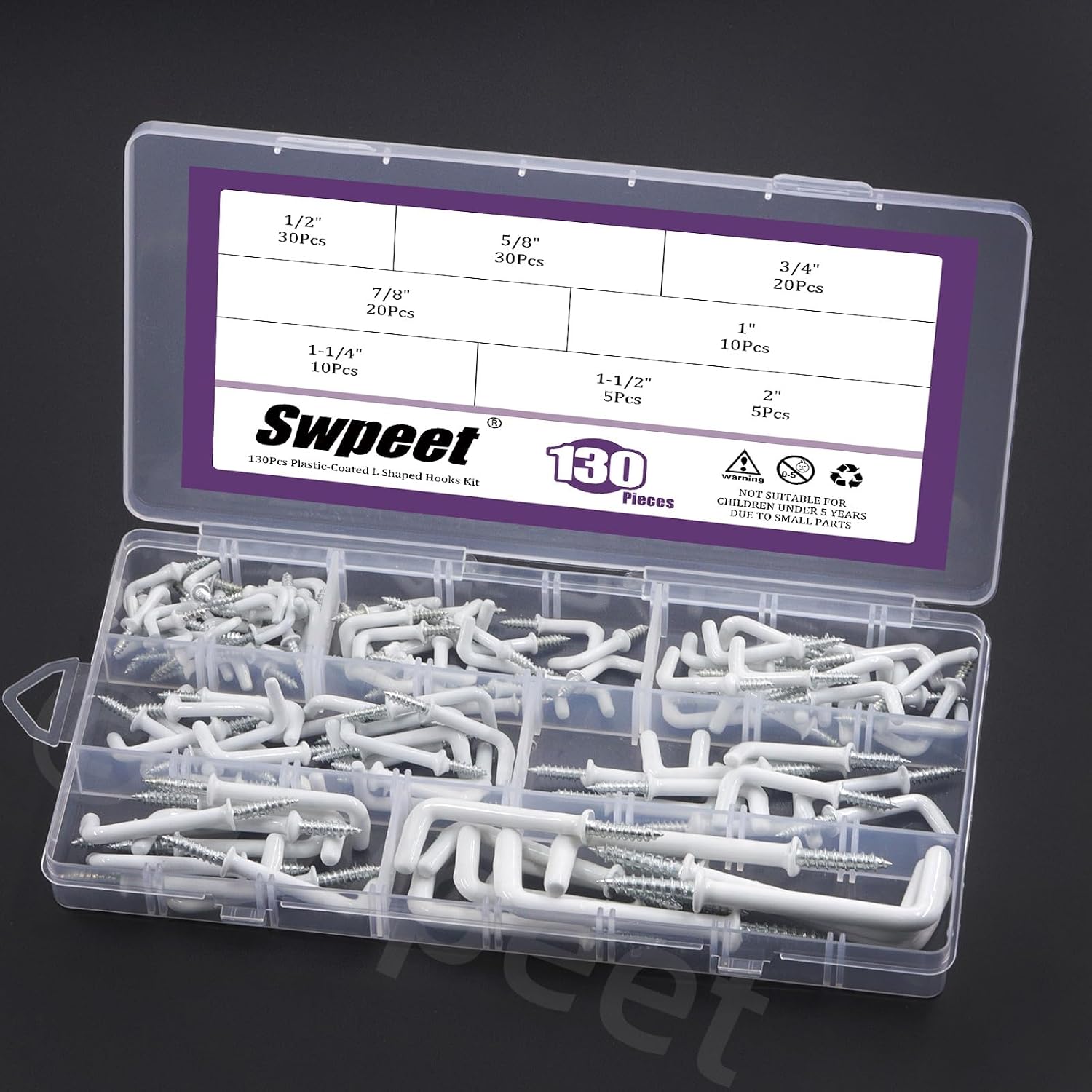 Swpeet 130Pcs 8 Sizes 1/2" 5/8" 3/4" 7/8" 1" 1-1/4" 1-1/2" 2" White Vinyl Coated L Shaped Hooks Assortment Kit, Screw-in Hooks, Right-Angle L Shaped Hooks, 7 Shape Self-Tapping Screw for Hanging