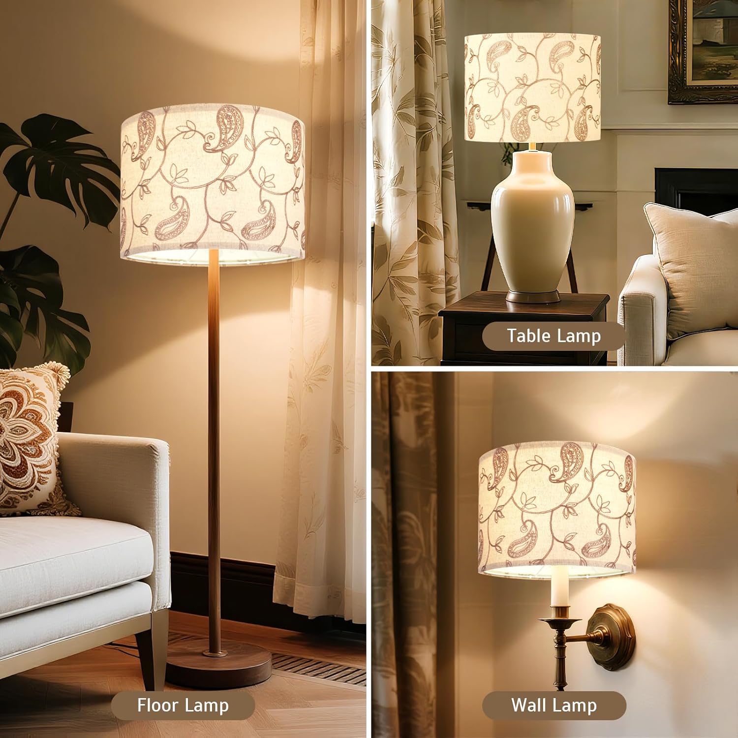 2-Pack 13 Inch Drum Lamp Shades,Paisley Embroidered Fabric Replacement Lampshades for Table Lamps,Floor Lamps,Pendants,Neutral Boho Linen 13" Top x 13" Bottom x 10" High Shades