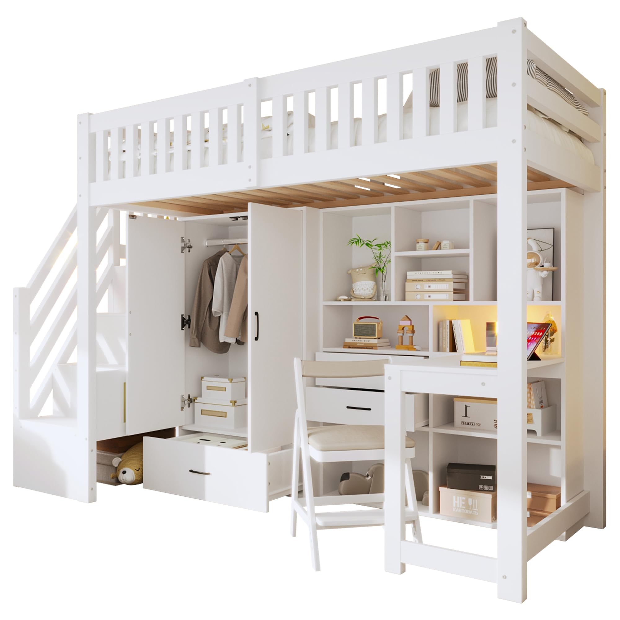 Cama alta de 90 x 200 cm, de madera, con escalera, armario, escritorio, cama juvenil con cajones, compartimentos de almacenamiento, sin colchón