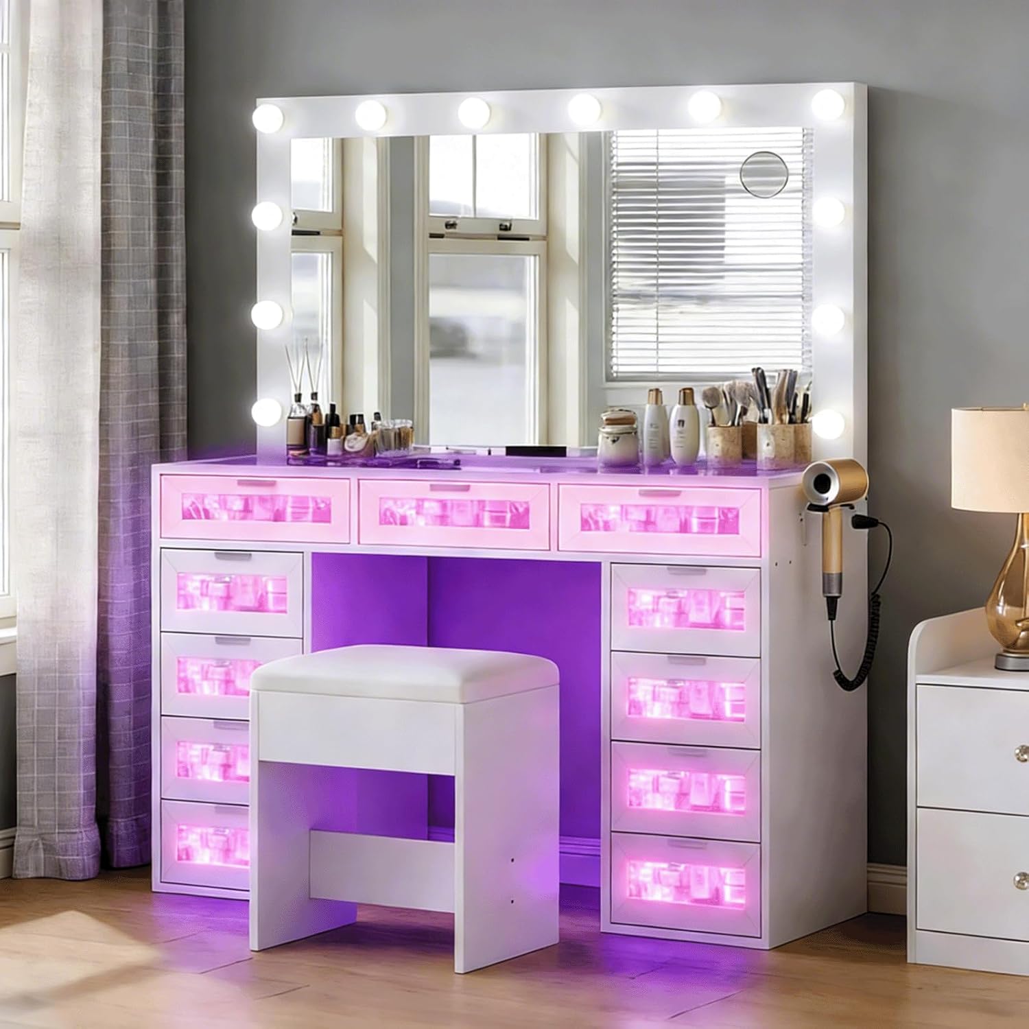 CollaredEagle Vanity Desk with Illuminated Mirror & Power Outlet,Makeup Vanity with LED Lights (White, 11 Luxury RGB Drawers)