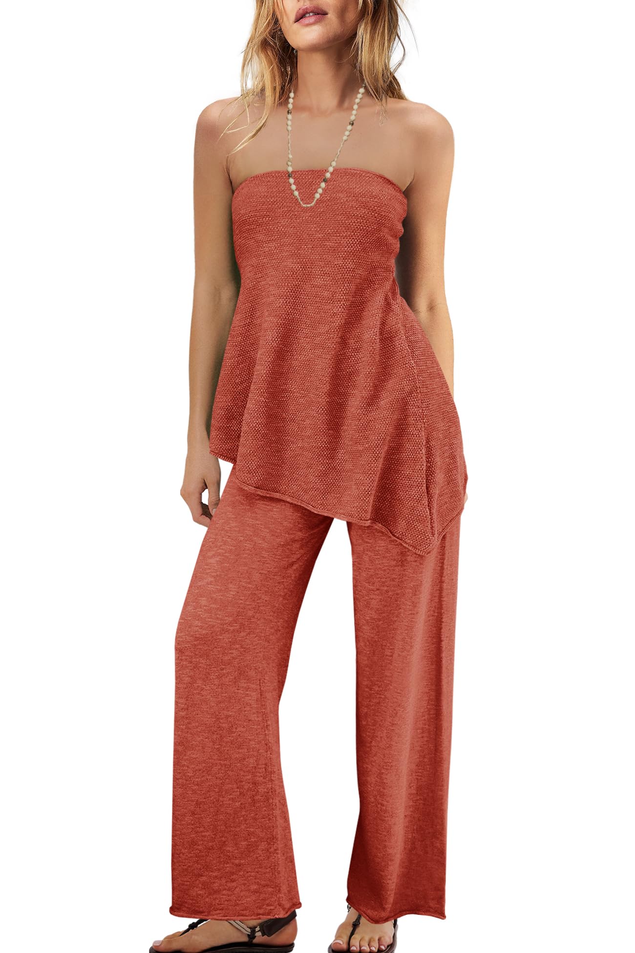 Panadila Womens Off Shoulder Sweater Set 2 Piece Outfits Summer Vacation Knit Matching Lounge Set Tube Top and Pants Set