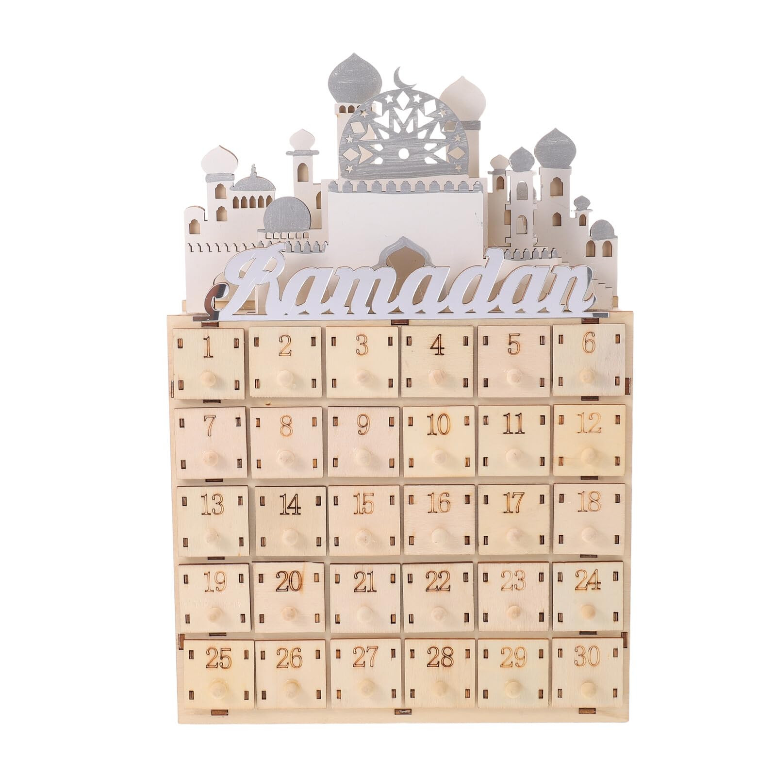 Ramadan Drewniany Kalendarz Odliczający Dni z Szufladkami i LED Dekoracja Eid Mubarak Świętowanie Ekologiczny Ornament Islamski Festiwal Ramadan