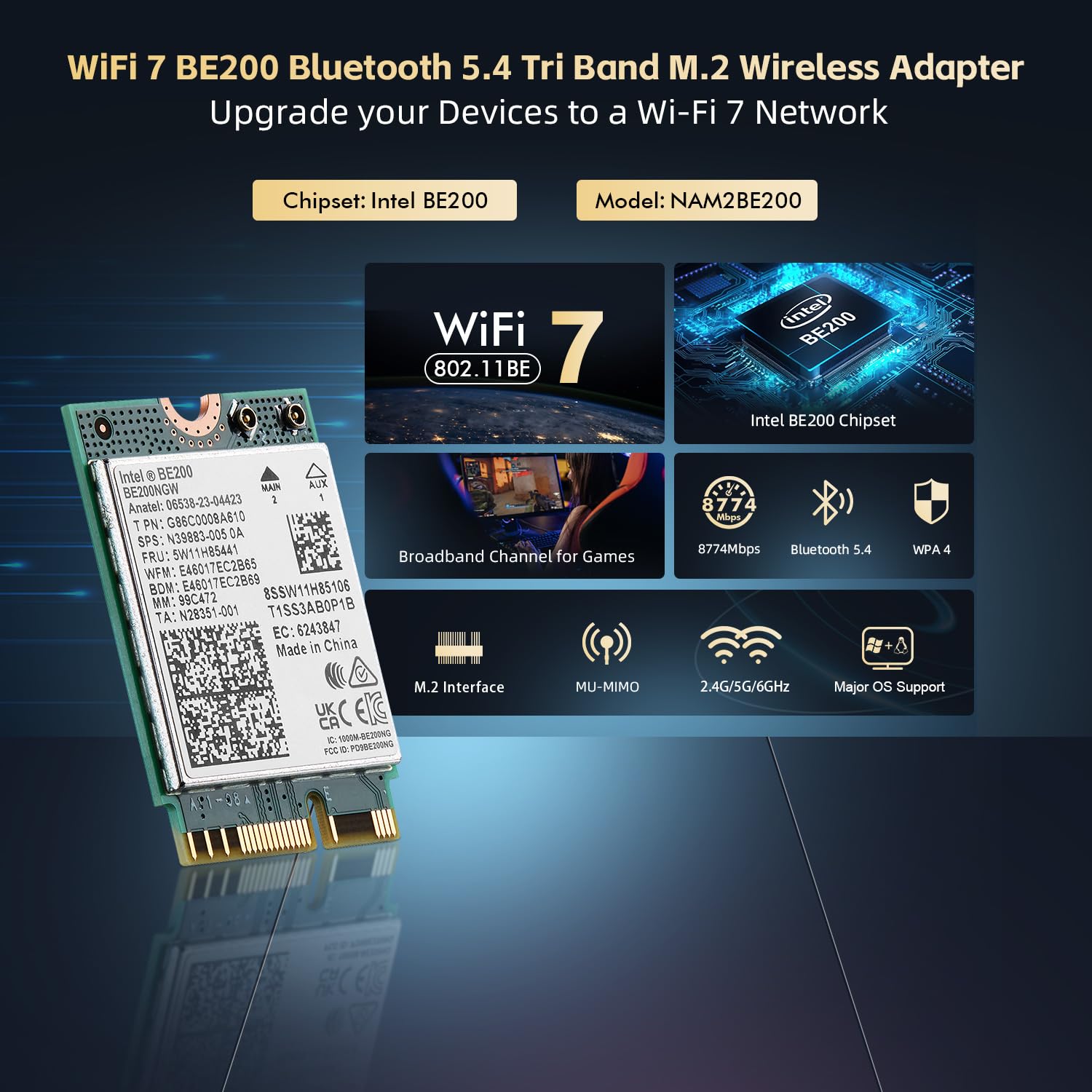 Binardat WiFi7 M.2 BE200 Adaptateur réseau WiFi, Intel BE200NGW Bluetooth 5.4 Chip, 8774Mbps Tri-Bande 2.4GHz/5GHz/6GHz OFDMA & MU-MIMO, pour Ordinateurs Portables Windows 10/11
