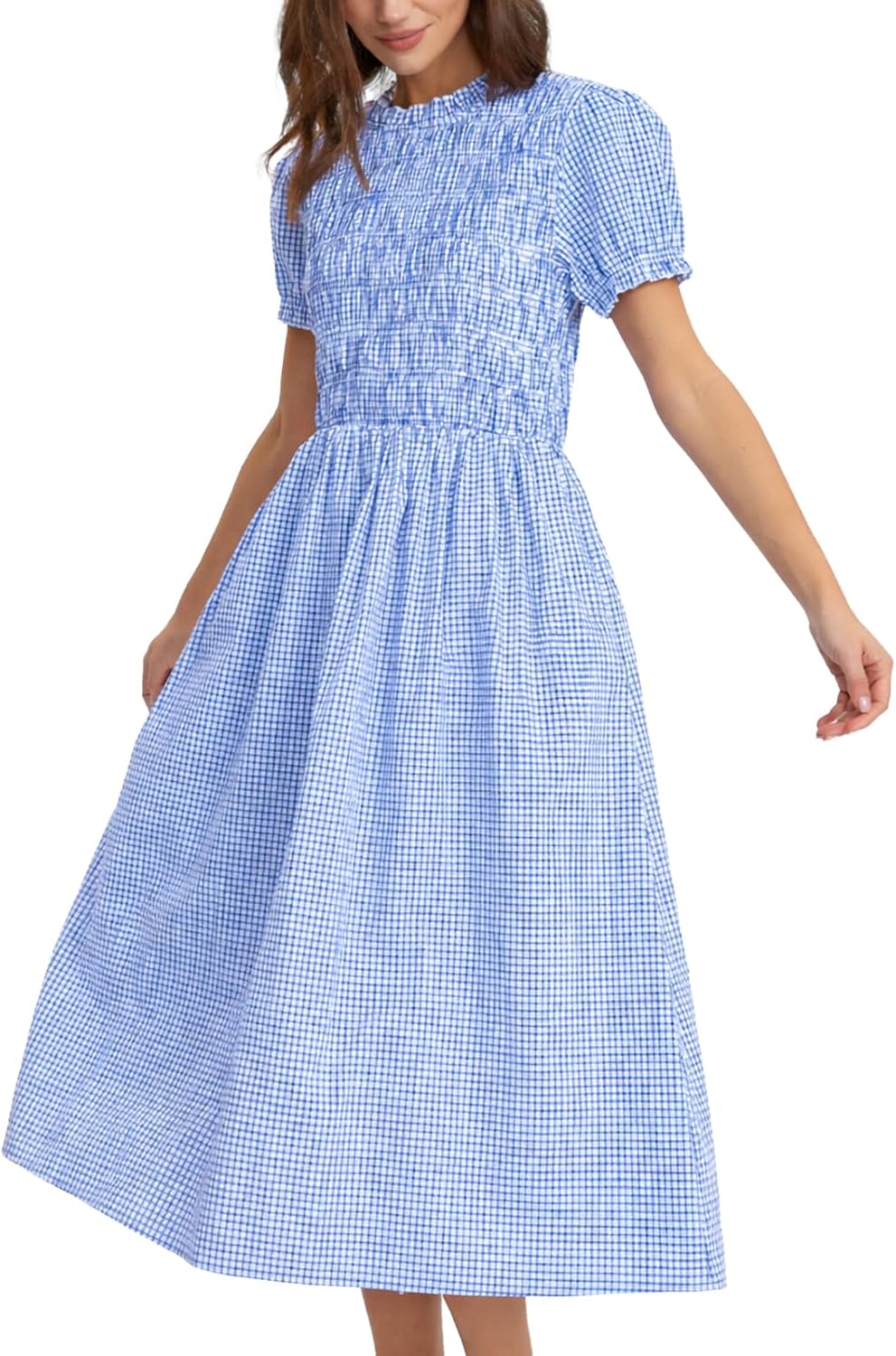 Summer Maxi Dress Women Plaid Smocked Crew Ruffle Neck Long Beach Dress Gingham Flowy A Line Vacation Sundress
