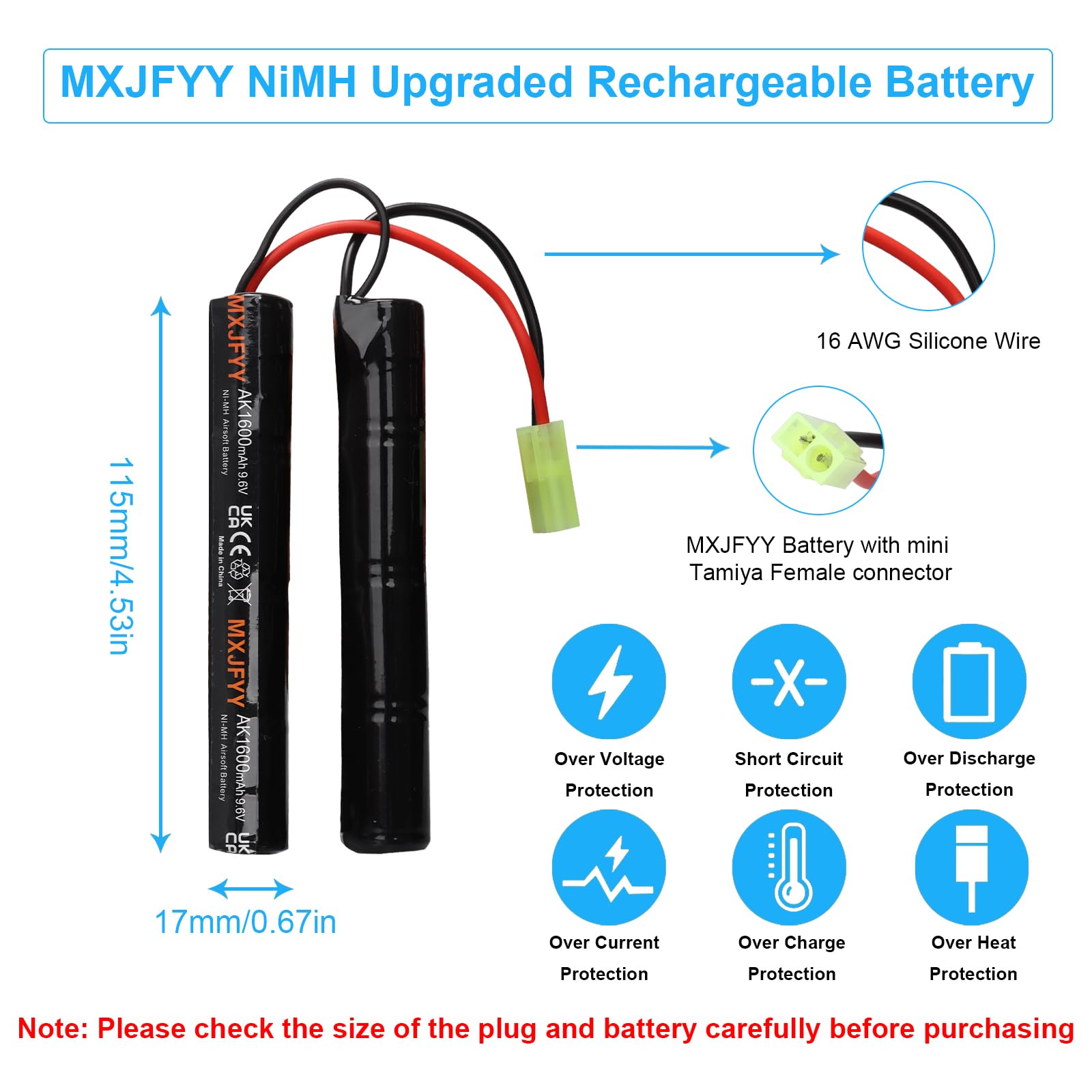 Lot de 2 Batteries Airsoft NiMH 9,6 V 1600 mAh, Batterie Papillon Rechargeable 8 S Nunchuck pour Airsoft