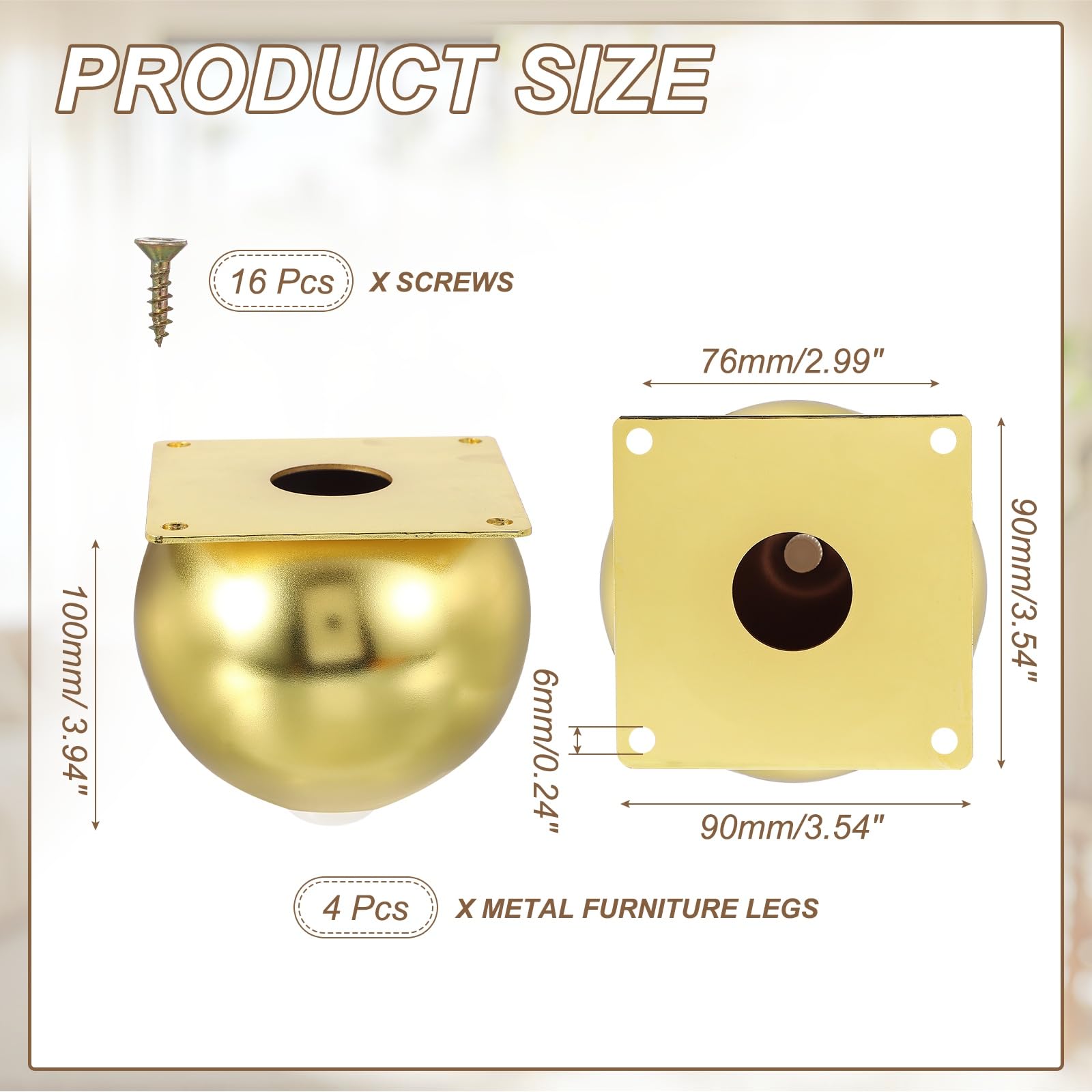 QUARKZMAN Juego De 4 Patas para Muebles para Cómoda Sofá Mesas 3.94" Dorado | Patas De Mueble De Esfera De Metal Resistente, Con Almohadillas De Goma, Cama Y Gabinete