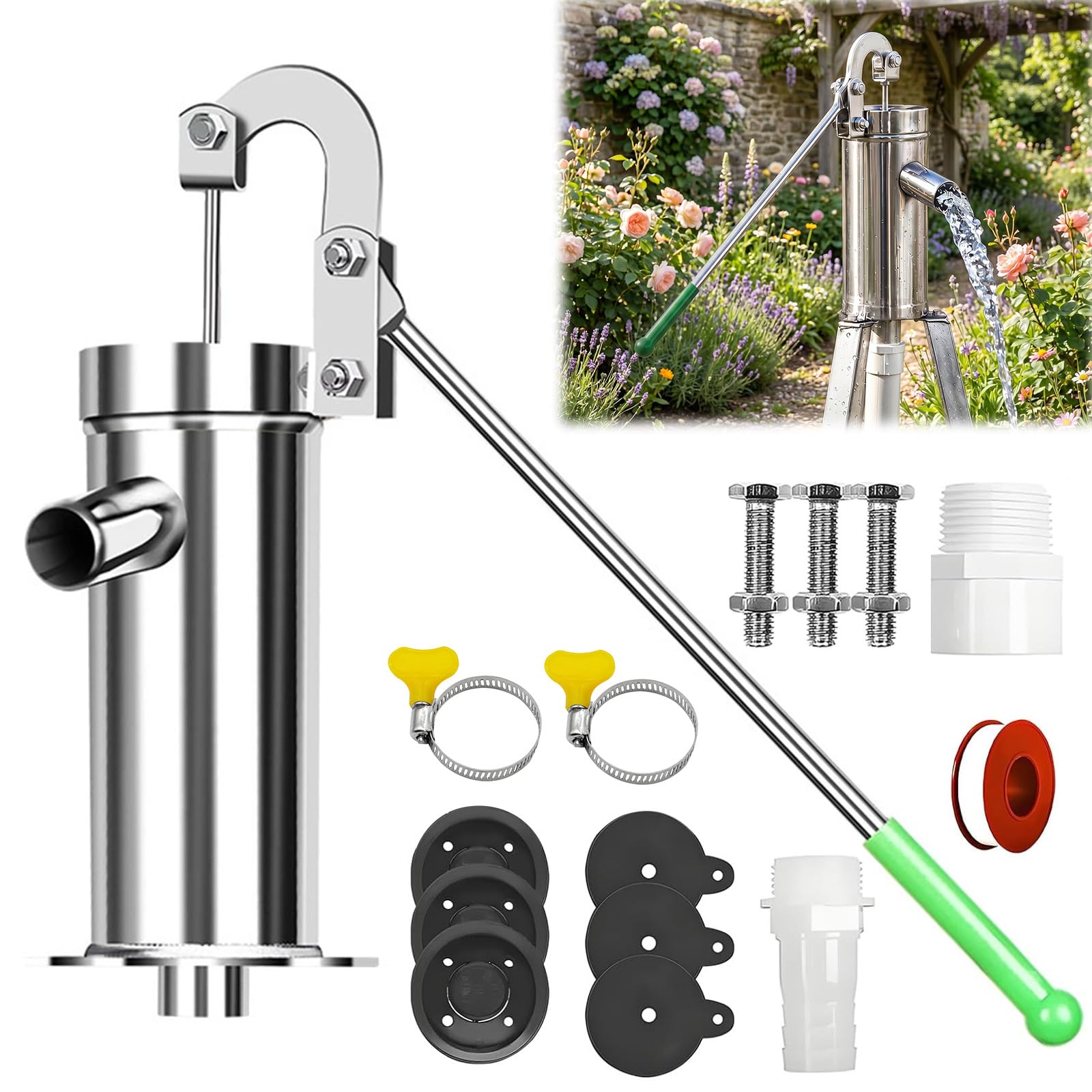 Pompe à eau pivotante en acier inoxydable - Pompe d'aspiration manuelle pour eaux souterraines jusqu'à 8 m de profondeur - Poignée antidérapante - Pompe à eau manuelle de jardin - Économie d'énergie