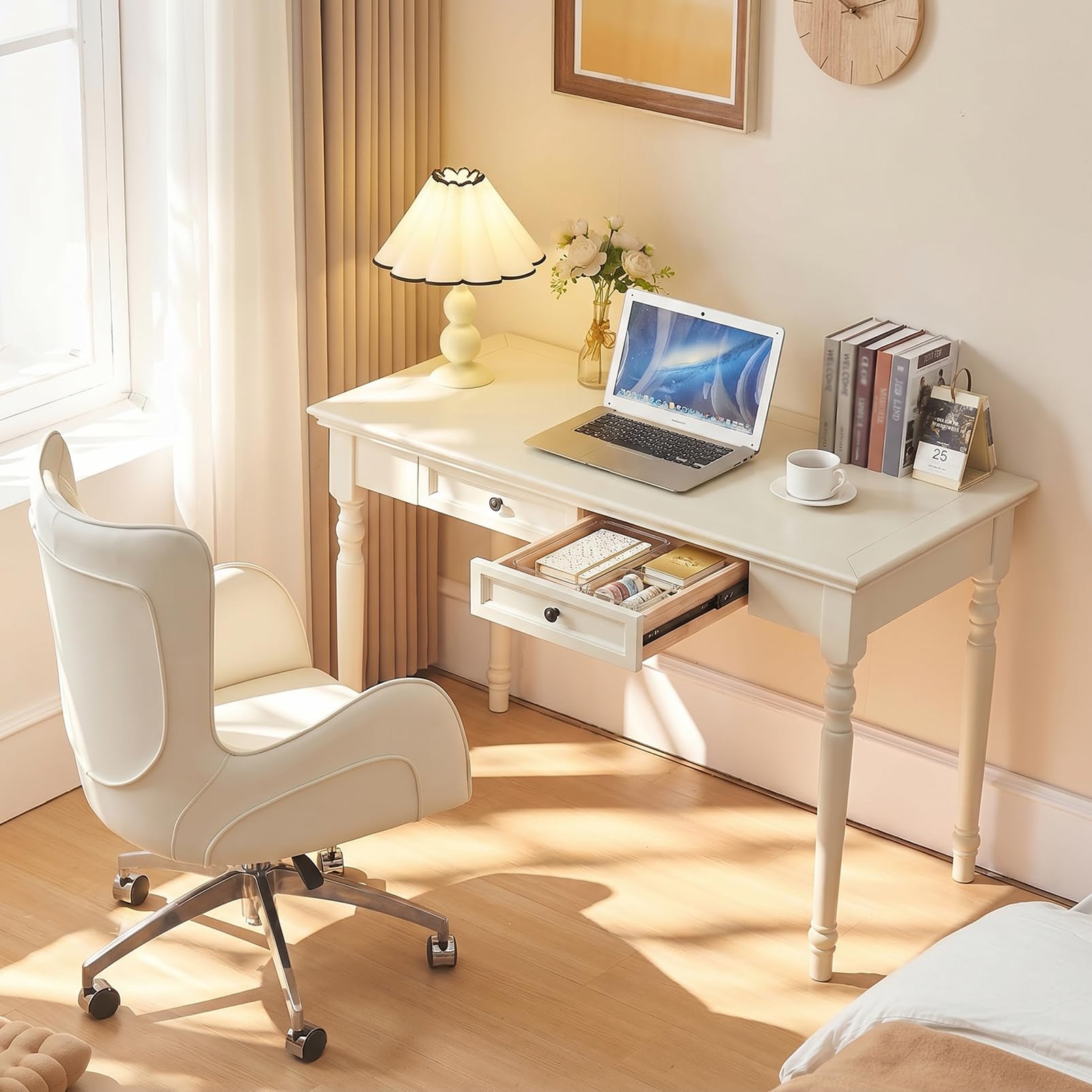 Scrivania Vintage In Noce Con 2 Cassetti, Scrivania Tradizionale Da 120 Cm In Stile Rustico, Tavolo Da Trucco Classico In Legno Massello, Per Ufficio, Studio O Soggiorno, White