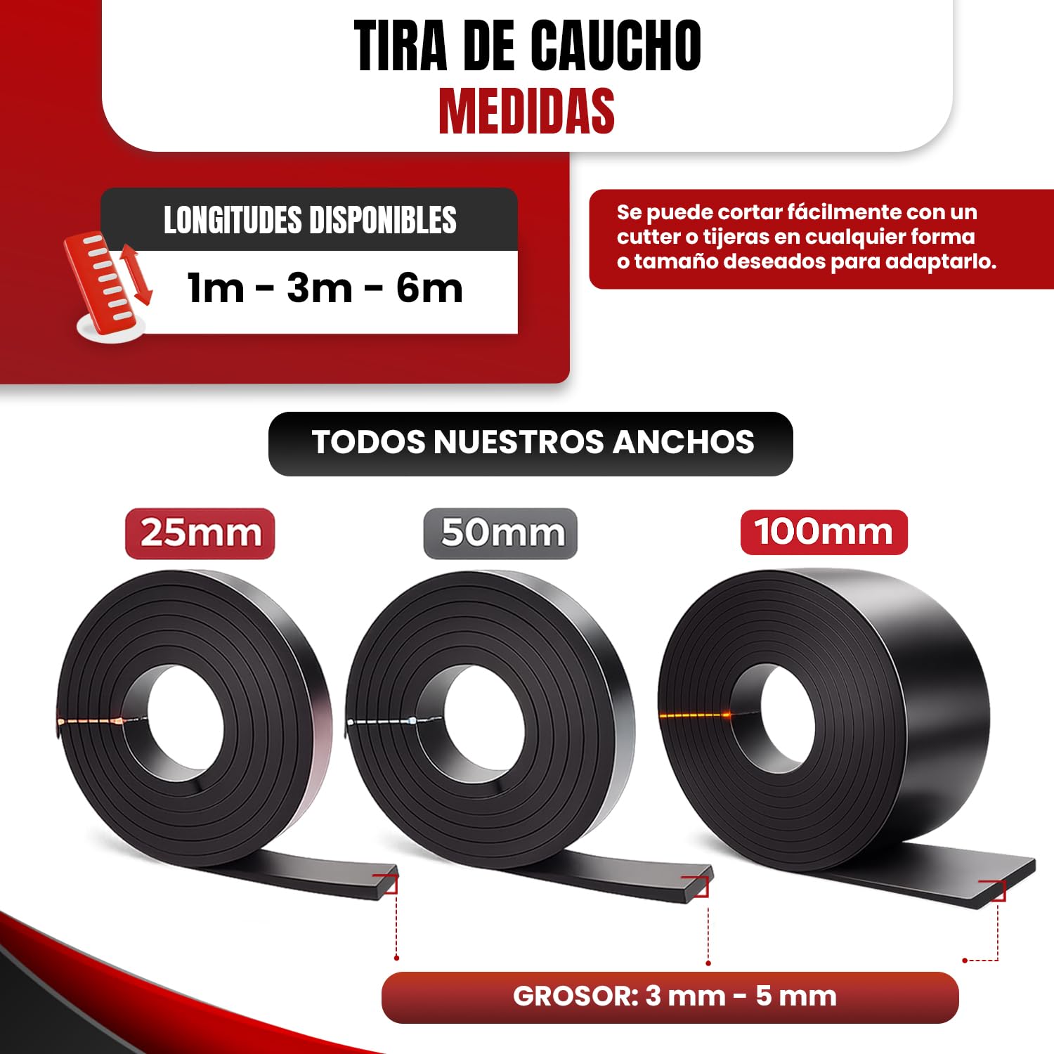 Tiras de Goma SBR en Rollo Antideslizante, Resistentes a Aceites y Alta Durabilidad para Taller, Gimnasio, Aislamiento y Uso Industrial; 25, 50 Y 100 mm Ancho, 1, 3 y 6 m Largo, 3 y 5 mm Espesor