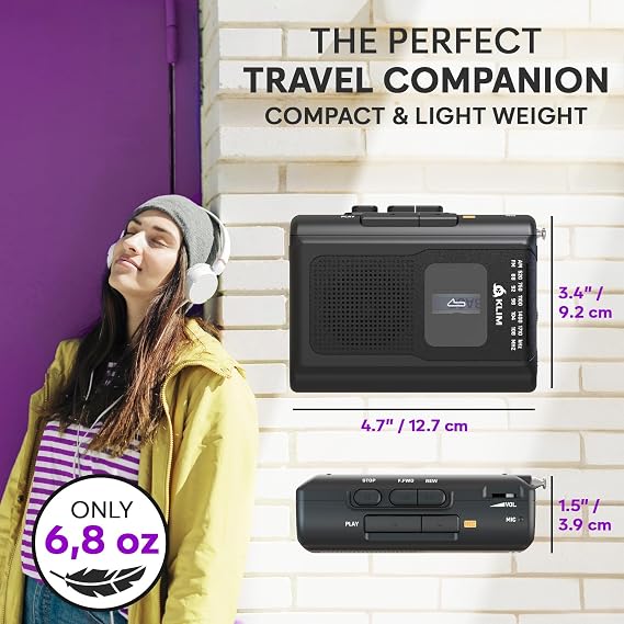 KLIM K8 Portable Cassette Tape Player with F1 Headphones - Cassette Recorder - New Version - AM/FM Walkman - Built-in Mic & Speaker - Headphone Jack & Earphone - Black