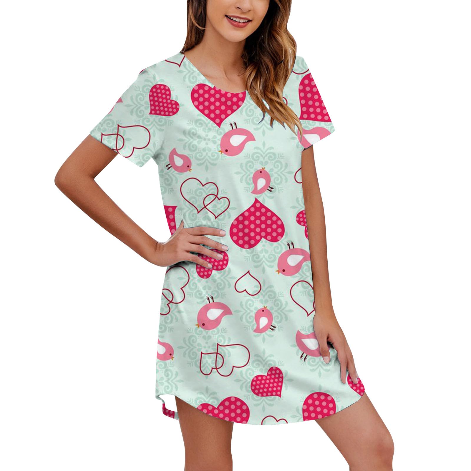 Generic Camisones de Mujer Algodon Pijama Verano Mujer con Botones Camisón Manga Corta con Estampado y Cuello Redondo para Mujer, camisón cómodo Camisolas Mujer Dormir Talla Grande
