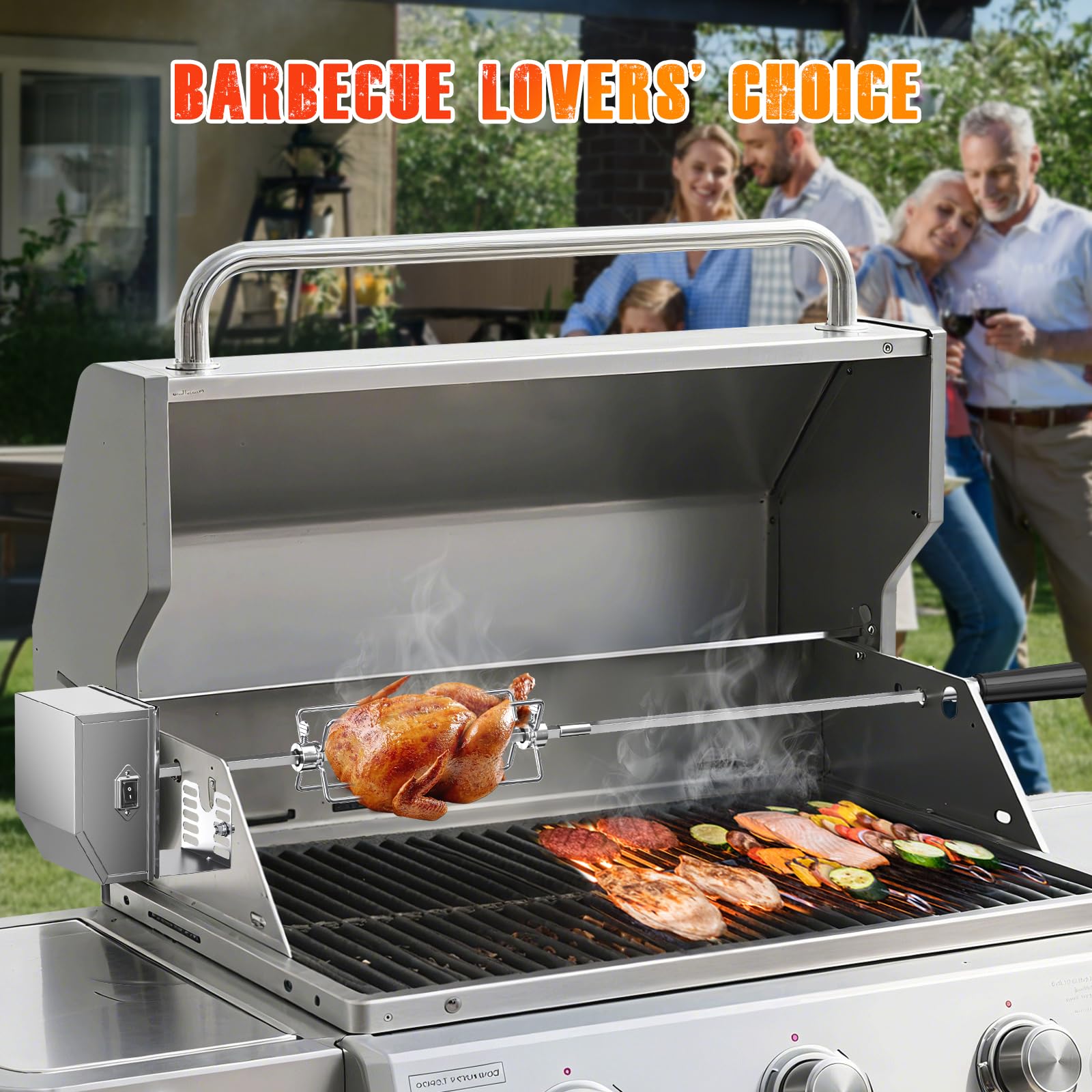 Universel Rôtissoire pour Barbecue Kit 3X brochettes Aiguilles et Moteur en Acier Inoxydable Lunghezza regolabile 56-134cm 3RPM Barbecue Rôtisserie Set kit de rôtisserie tournebroche
