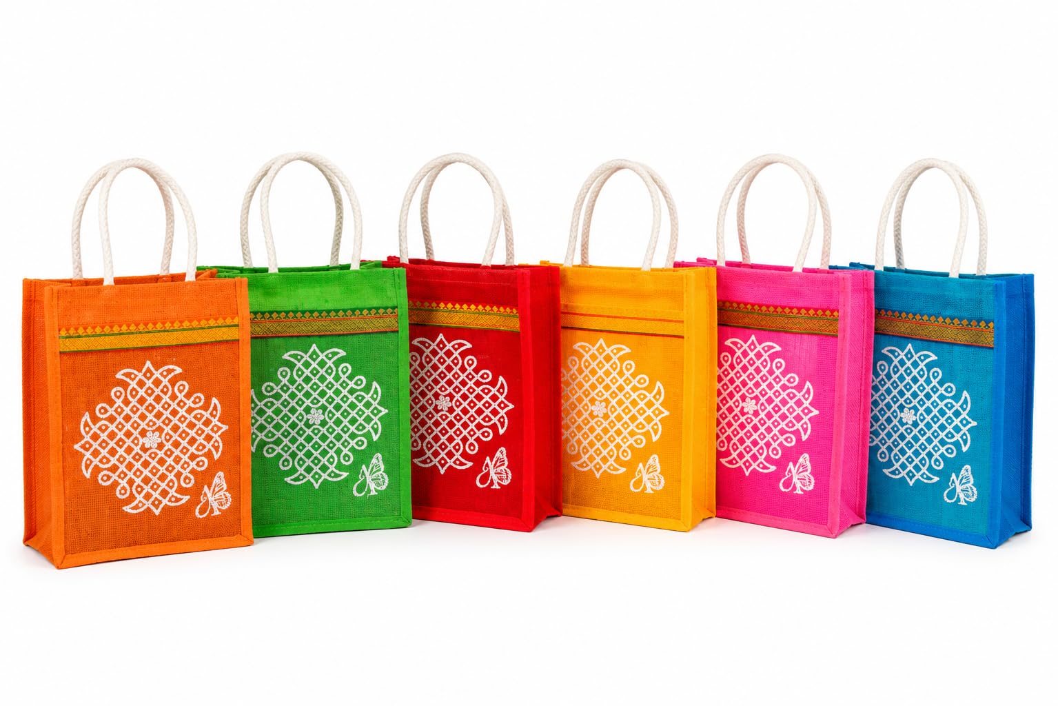 (Anumala Jute World)® Premium Thamboolam Kolam Art Return Gift Bags – Multicolor Eco-Friendly Jute Bags with Zipper for Weddings, Poojas, Birthdays, and Special Occasions (8x4x10 inches) (Pack of 6)-image-17