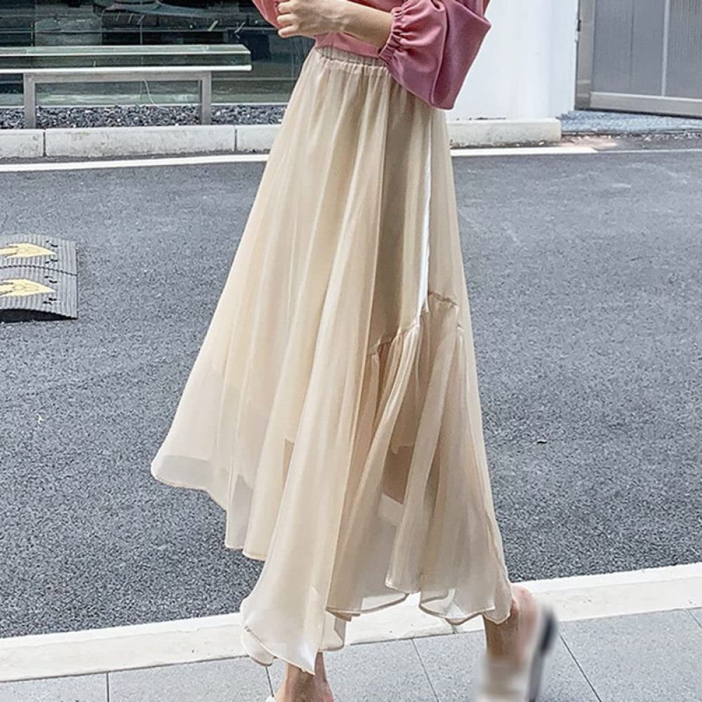 OZEO Röcke,Damen-Midirock Beige Elastische Hohe Taille Unregelmäßiger Glänzender Plissee-Tüllrock Elegante A-Linie Geraffte Geschichtete Lange Röcke Für Mädchen Damen Frühling Herbst,L
