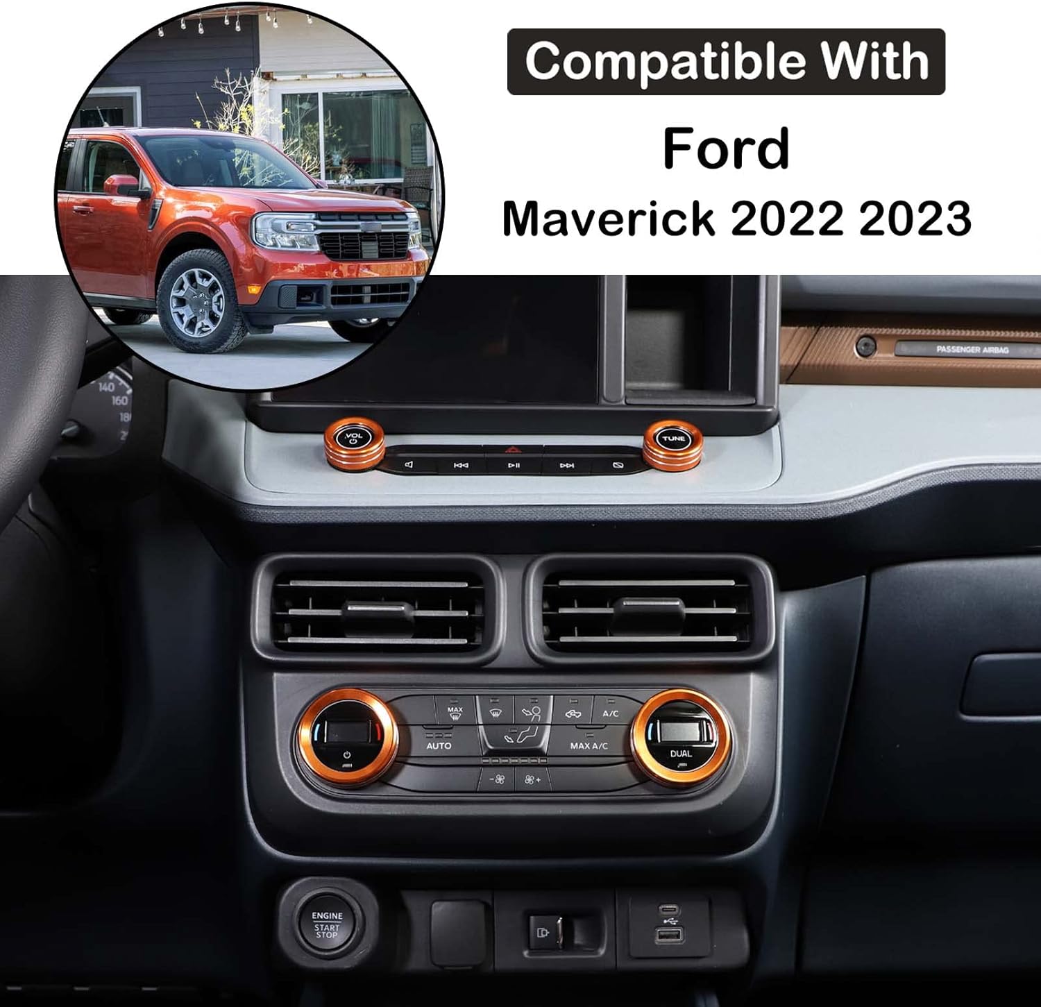 Aunginsy Compatible with Ford Maverick 2022 2023 Aluminum Car Centre Console Air Conditioner Volume Knob Button Circle Cover Car Gear Shift Switch Button Ring Trim Cover Knob Protect Ring Accessories