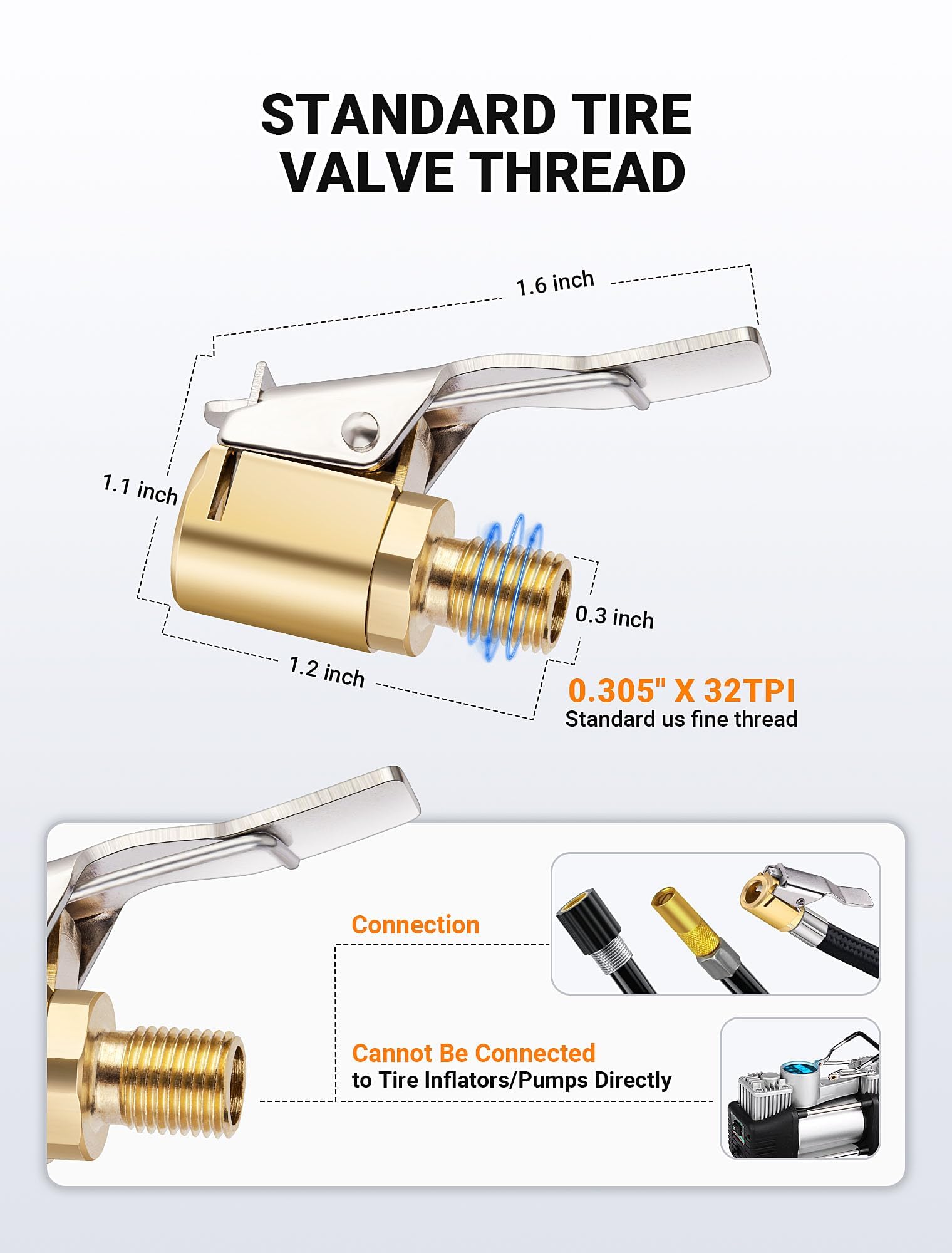 2 Pack Heavy Duty Brass Tire Air Chucks, 8mm Locking Inflator Adapter with Leak-Proof Seal for Car and Truck Tires, Durable Metal Tire Valve Connector — view 2