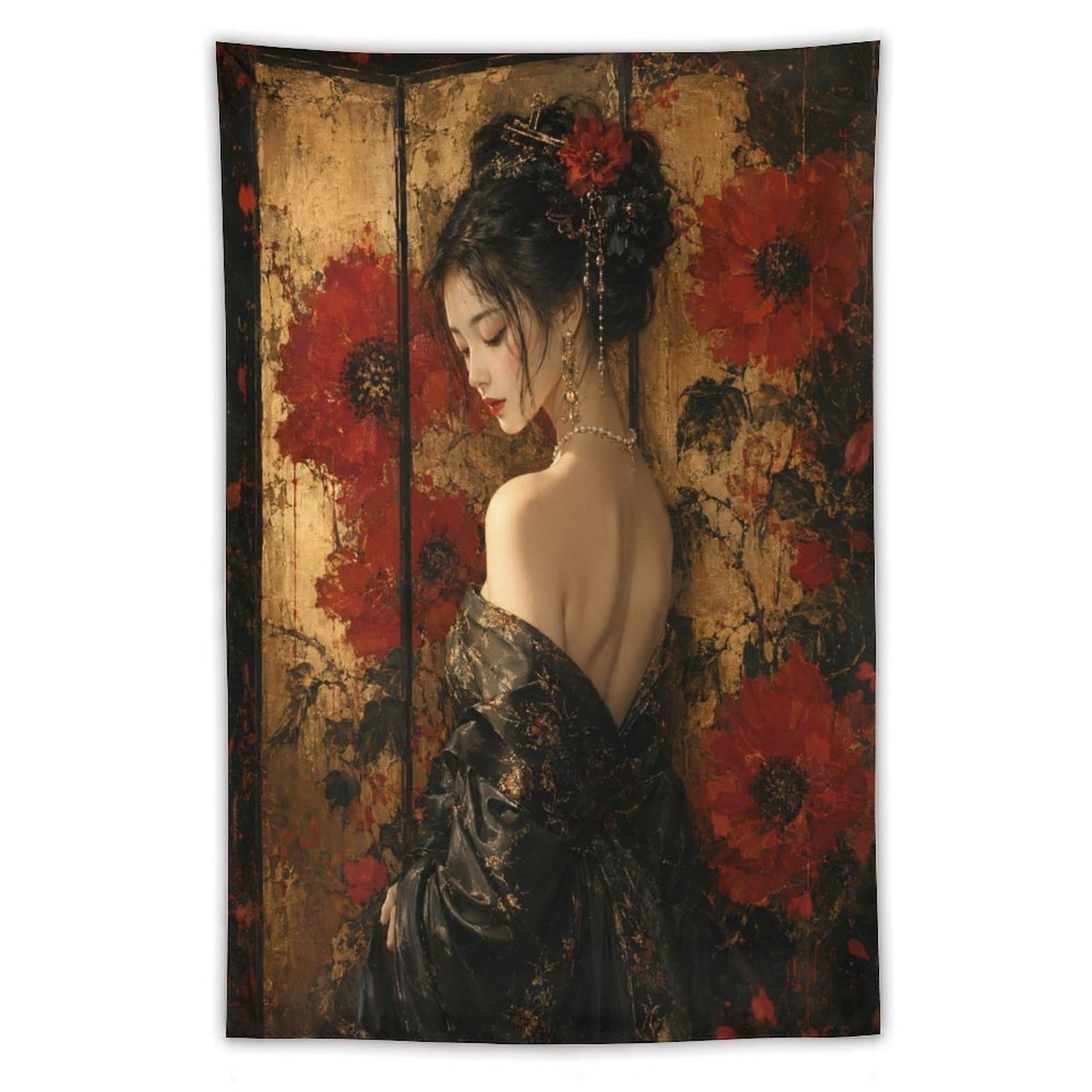 W7C8U2X3 Red Poppy Woman Gold Wall Tapestry, Impressionist Style