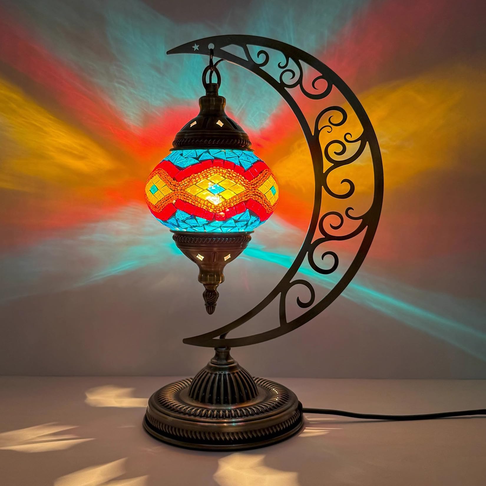 Turkish Moon Lamp, Mosaic Table Lighting, Multi-Colored Boho Accent, Stained Glass Globe Flower Design for Living Room, Bedroom Decor, Unique Home Lighting