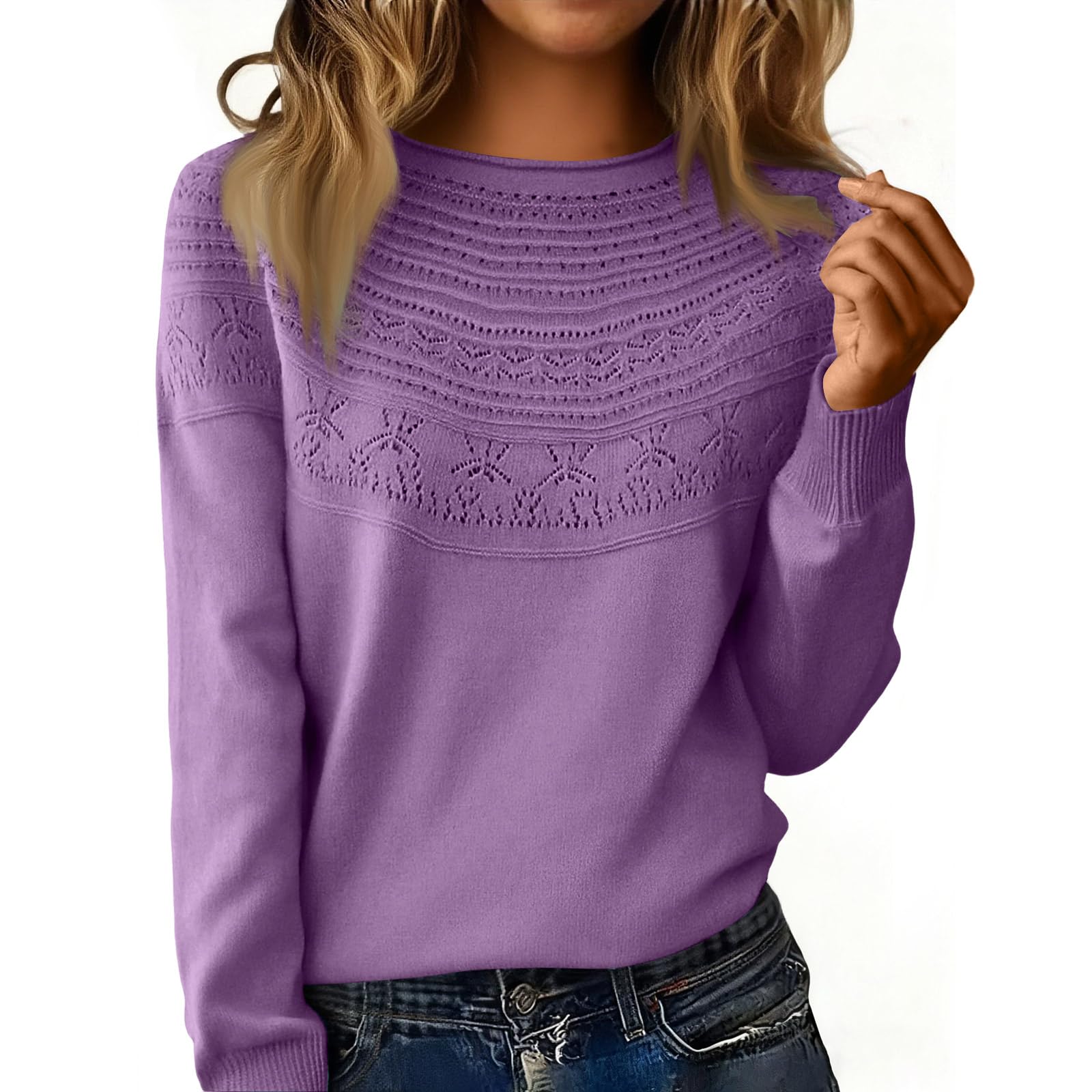 Gumipy Sweaters for Women Long Sleeve Hollow Knit Sweater Trendy Roll Crewneck Tunic Sweaters Lightweight Cozy Pullover
