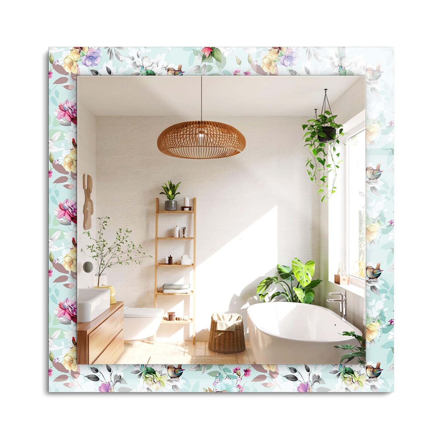 Miroir rectangulaire Boho Japandi 60x60cm Blumen und Vögel pour décoration murale