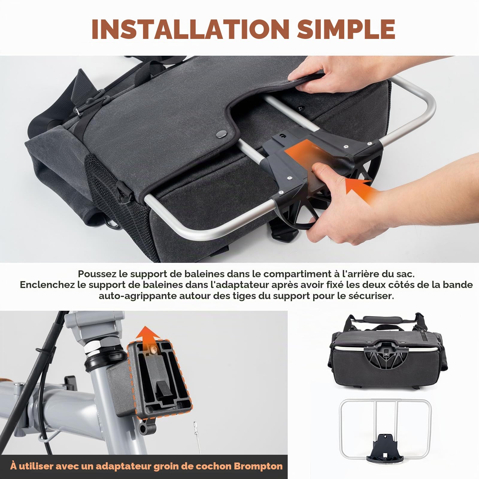 ROCKBROS Sacoche de Guidon pour Vélo Pliant Brompton, Sac de Panier Extensible 8-10L, Sacoche Avante de Vélo Amovible avec Adaptateur pour Scooter VTT Trottinette Électrique Noir