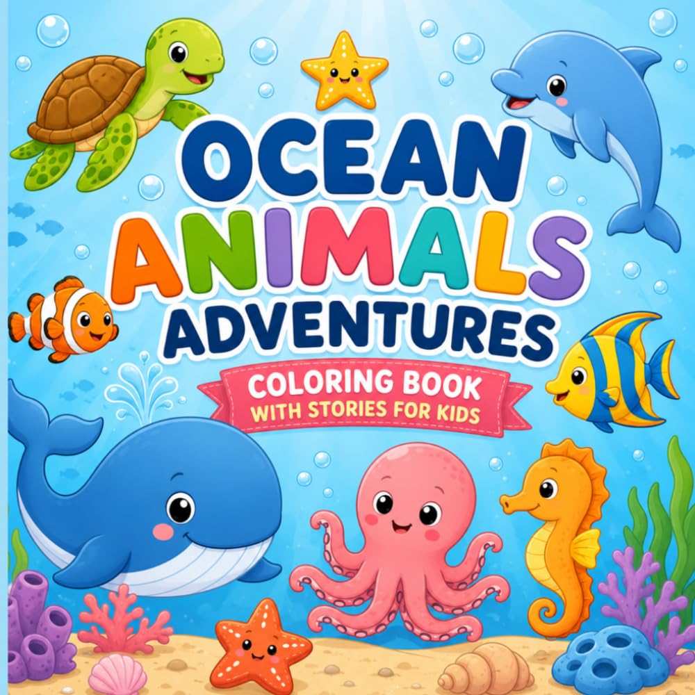 Ocean Animals Adventure Coloring Book with Stories: Read, Color, and Explore the Ocean with Cute Animal Friends for Kids Ages 3–10 (Story, Coloring Combo Books)